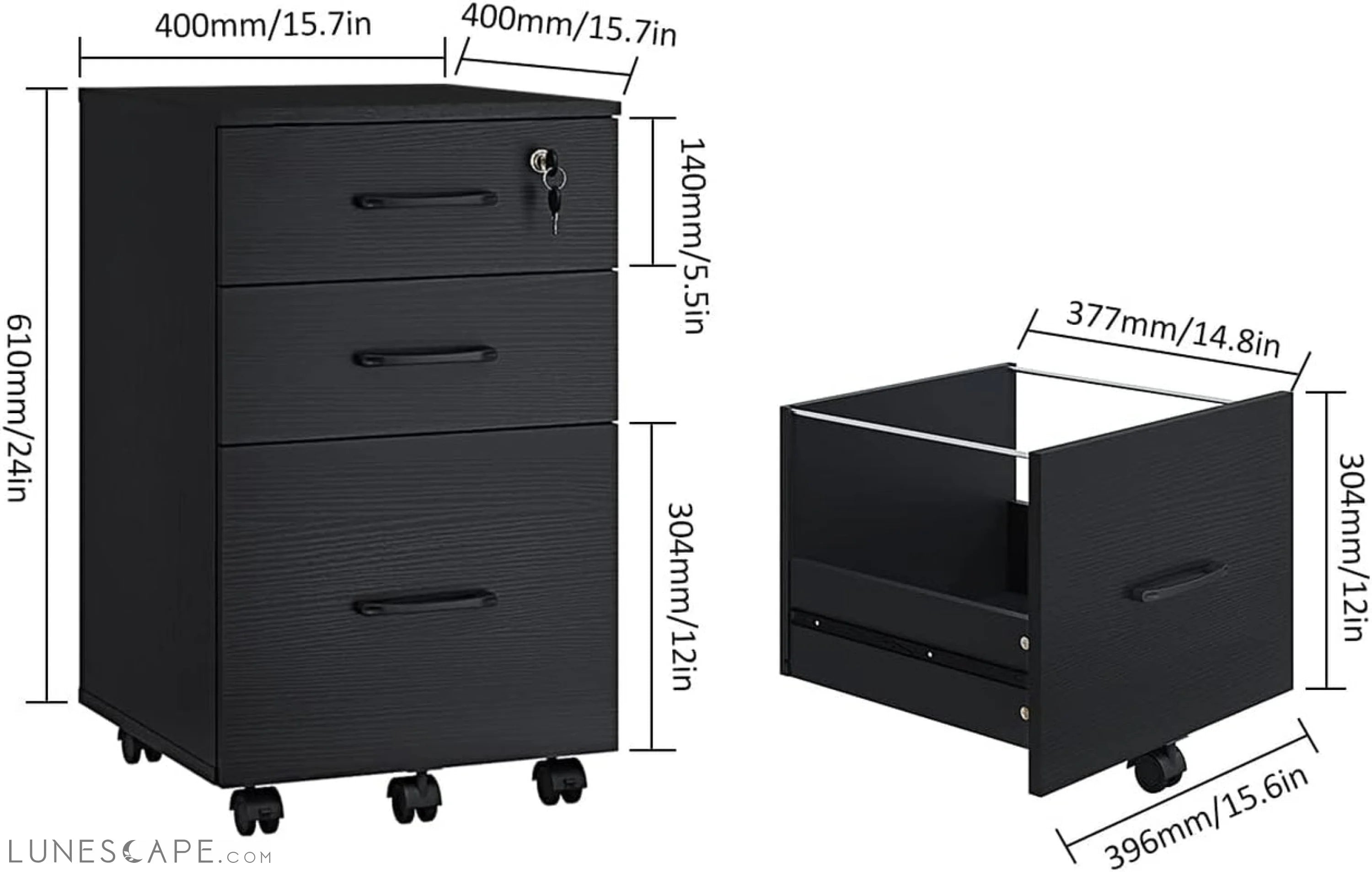 3 Drawer Wood Mobile File Cabinet, under Desk Storage Drawers Small LUNESCAPE