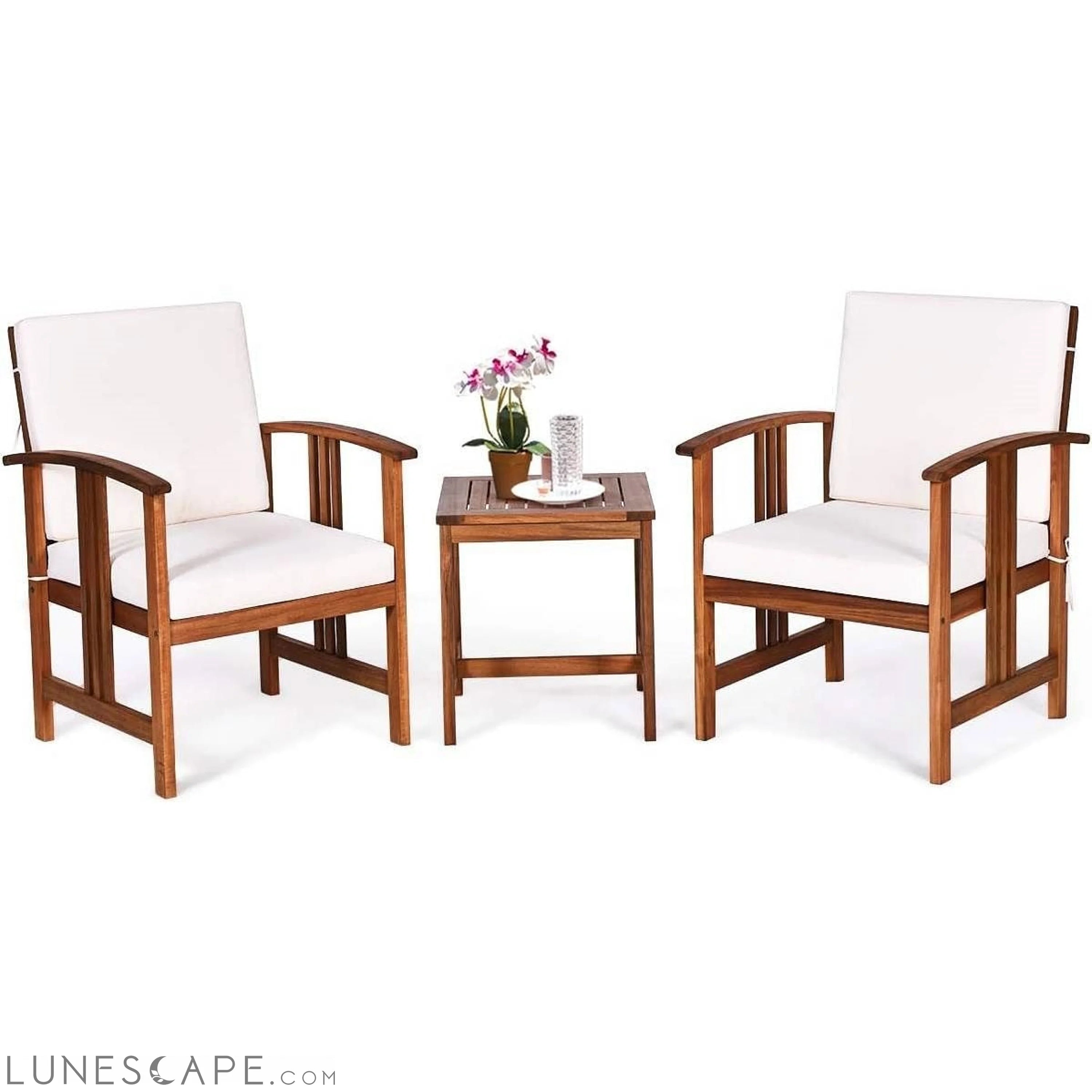 3-Piece Solid Wood Outdoor Patio Furniture Table Chairs Set with White LUNESCAPE
