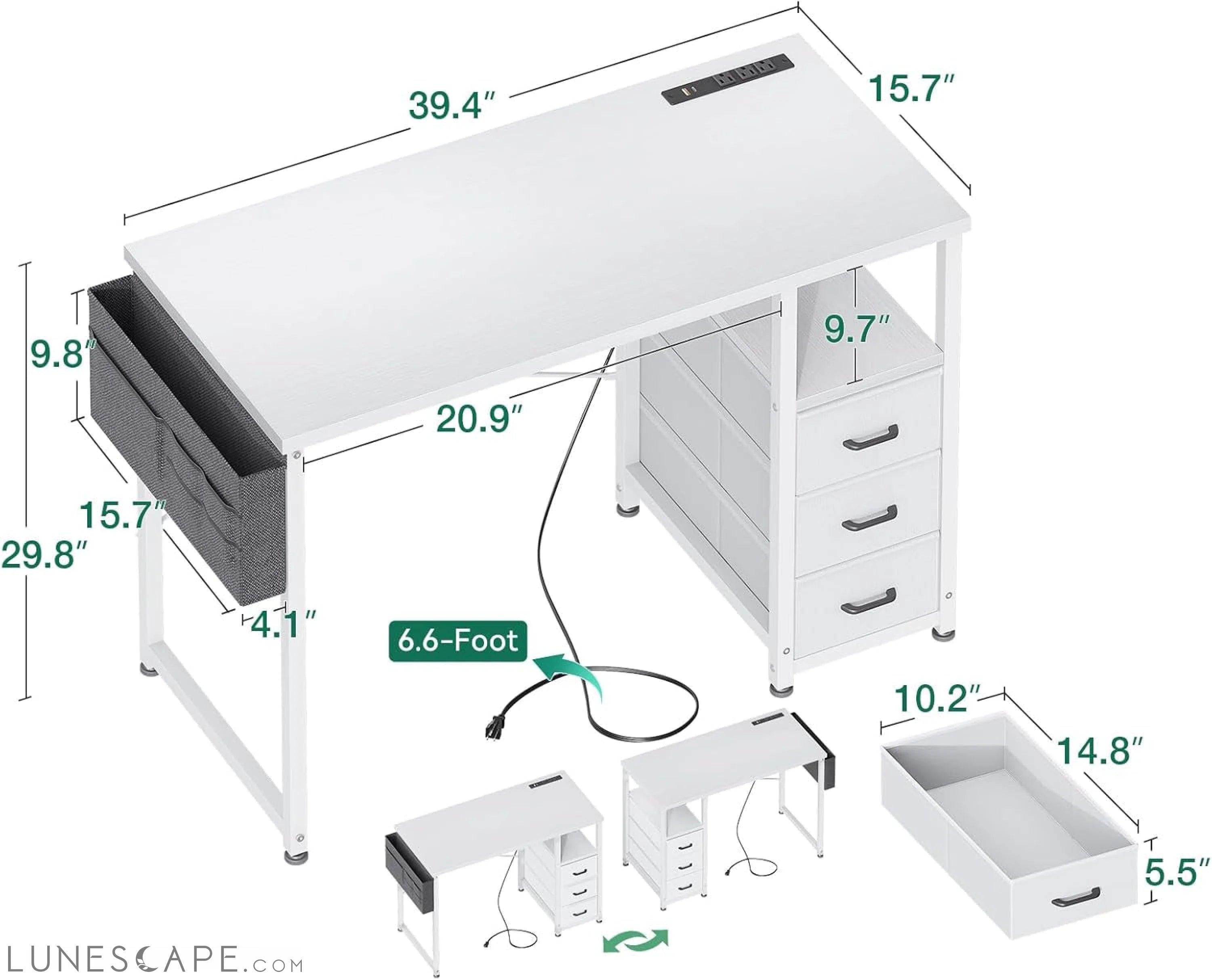 32-Inch Small Vanity Desk with Fabric Drawers and Charging Station, LUNESCAPE