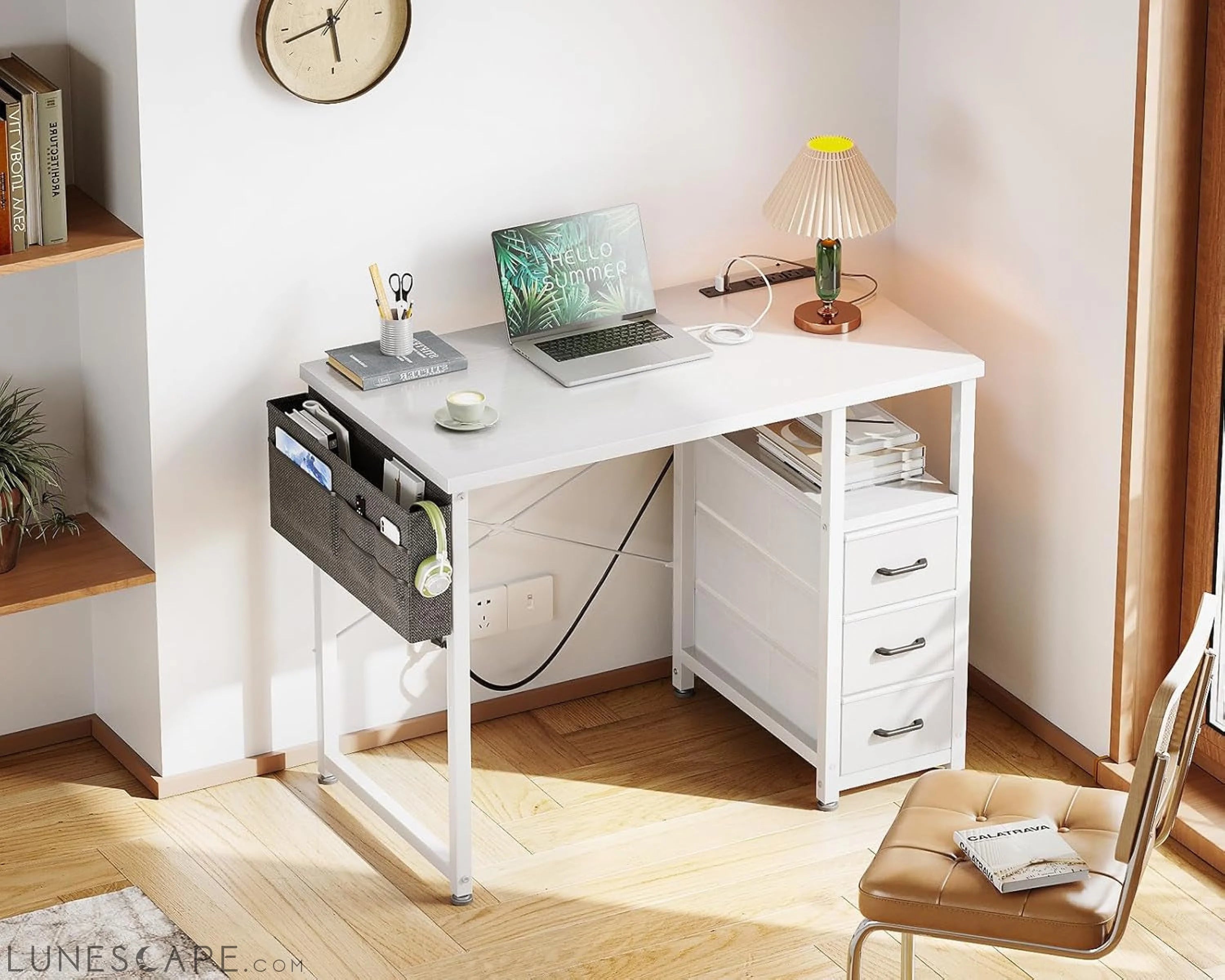32-Inch Small Vanity Desk with Fabric Drawers and Charging Station, LUNESCAPE