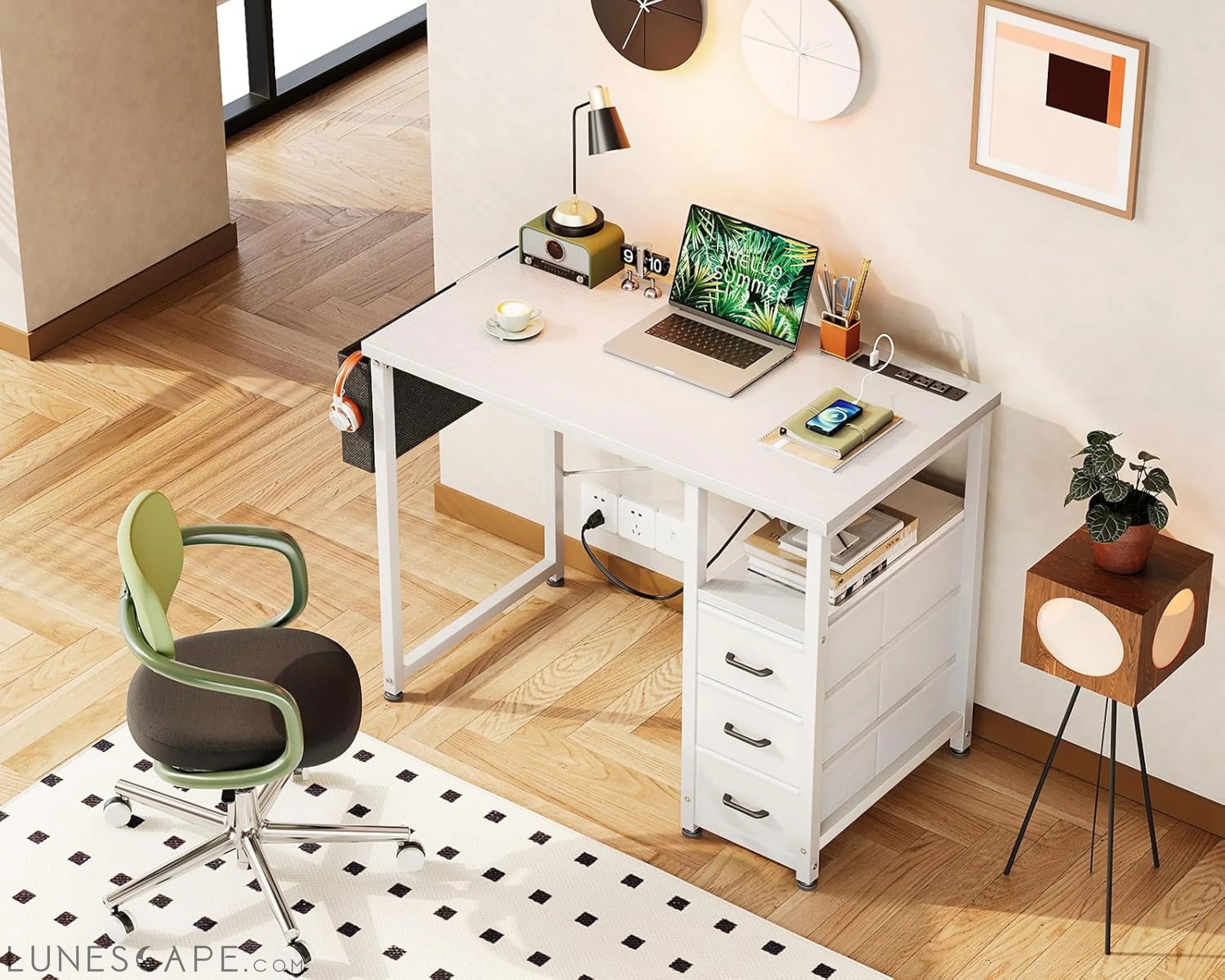 32-Inch Small Vanity Desk with Fabric Drawers and Charging Station, LUNESCAPE