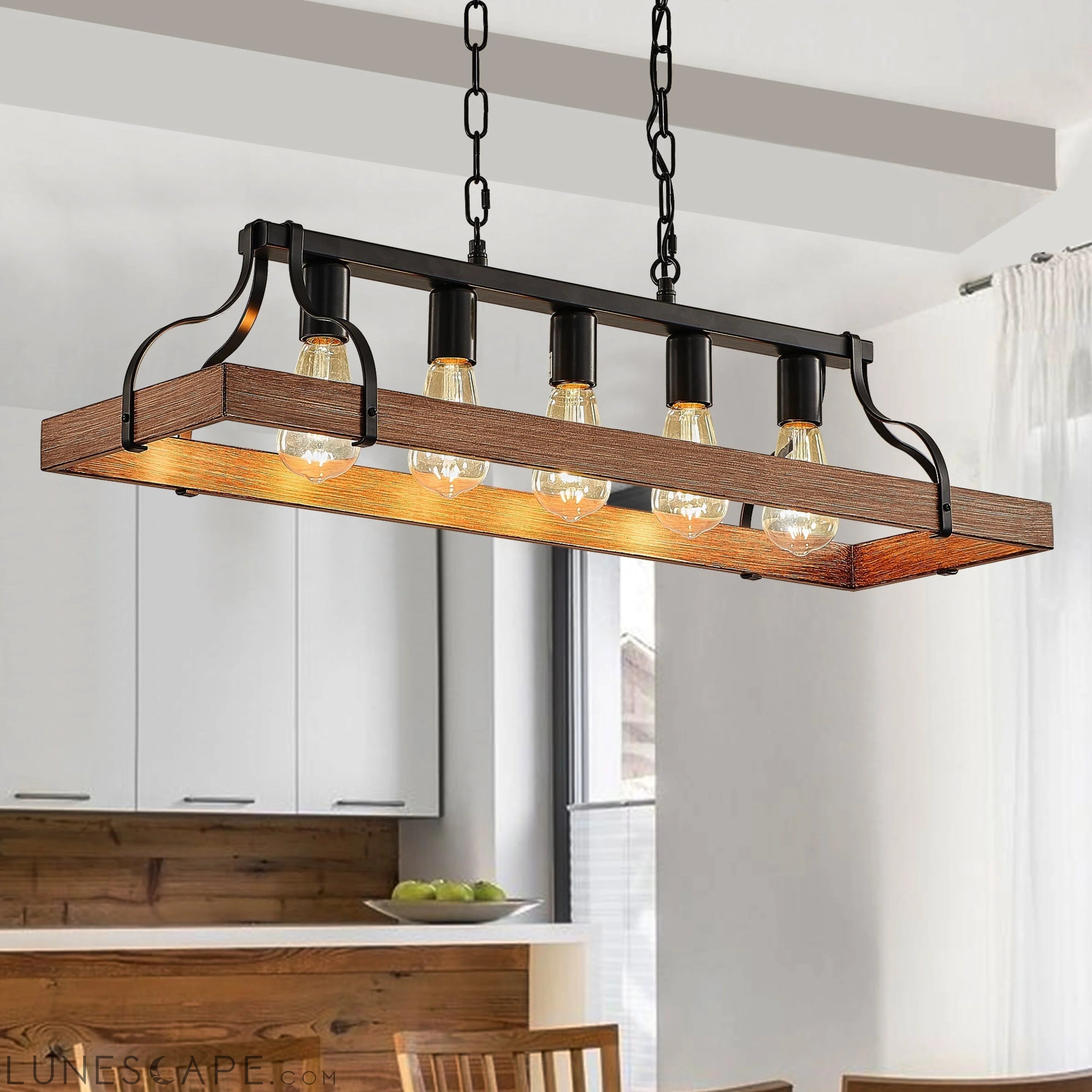 33.7-Inch Black and Faux Wood Grain Pendant Light, 5 E26 Bulb Sockets LUNESCAPE