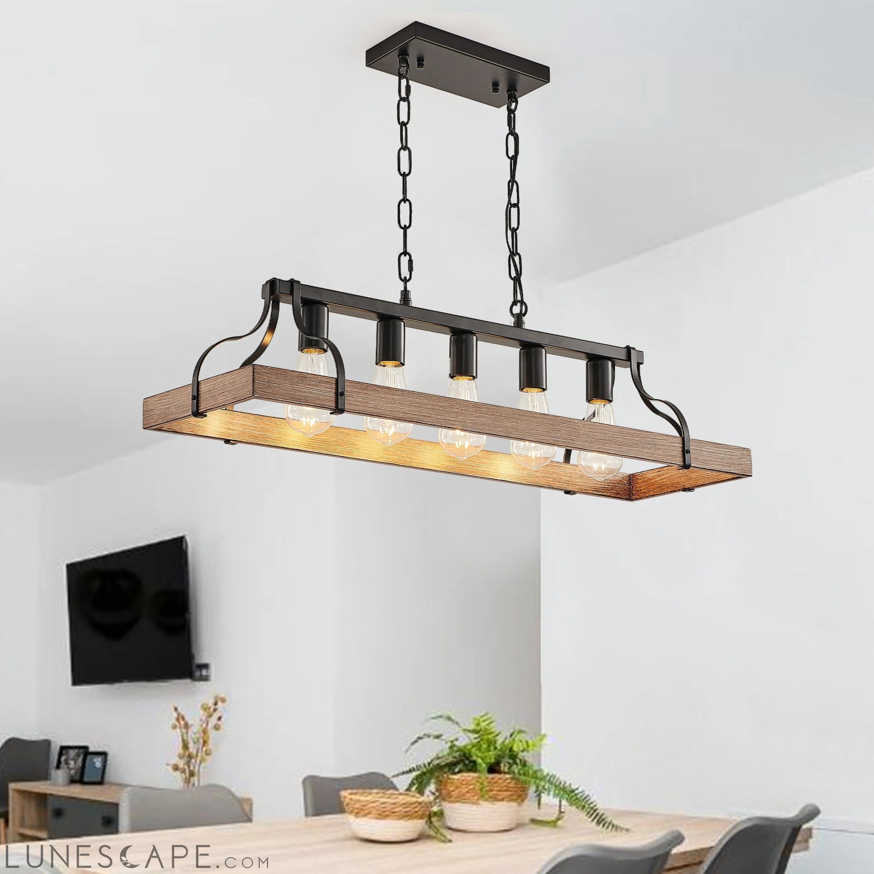 33.7-Inch Black and Faux Wood Grain Pendant Light, 5 E26 Bulb Sockets LUNESCAPE