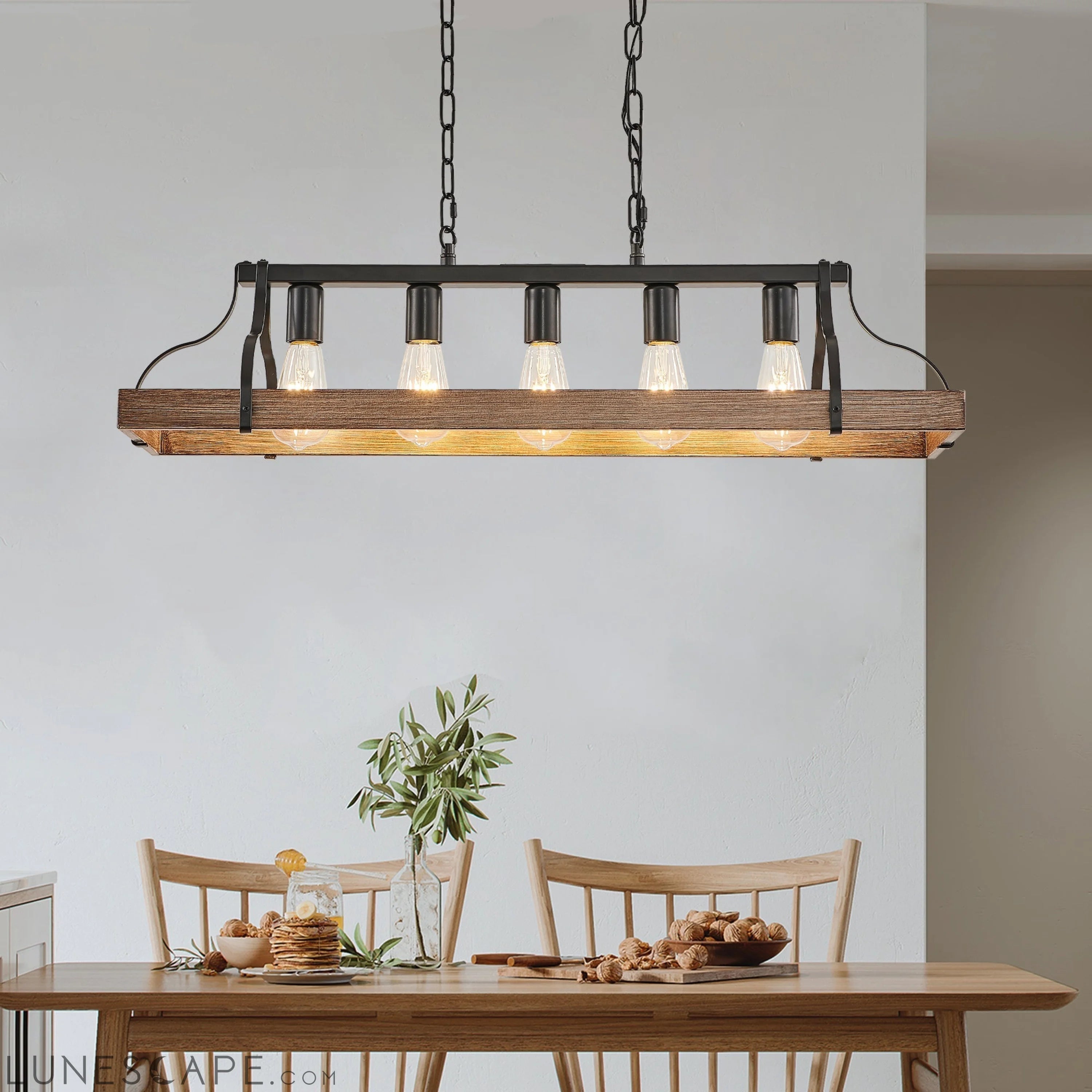 33.7-Inch Black and Faux Wood Grain Pendant Light, 5 E26 Bulb Sockets LUNESCAPE