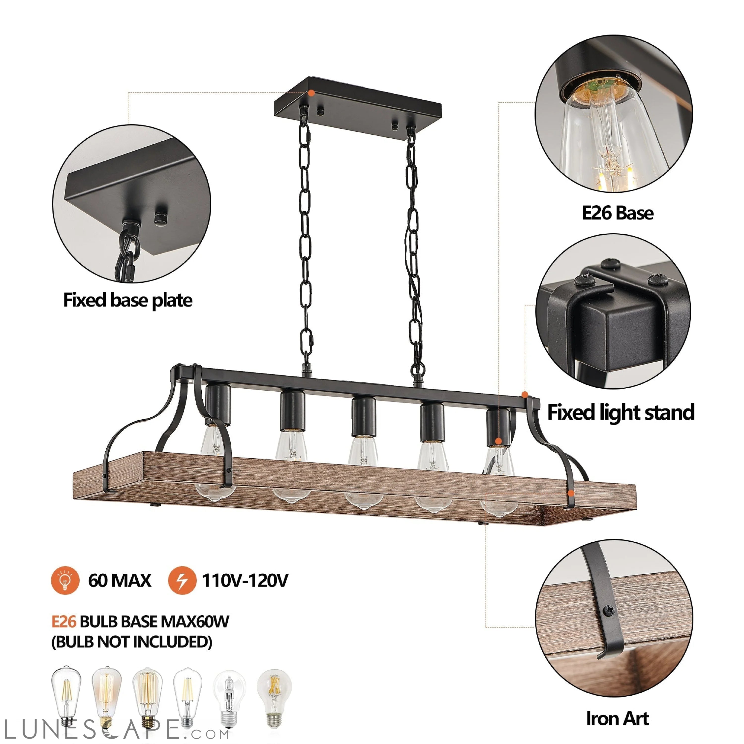33.7-Inch Black and Faux Wood Grain Pendant Light, 5 E26 Bulb Sockets LUNESCAPE