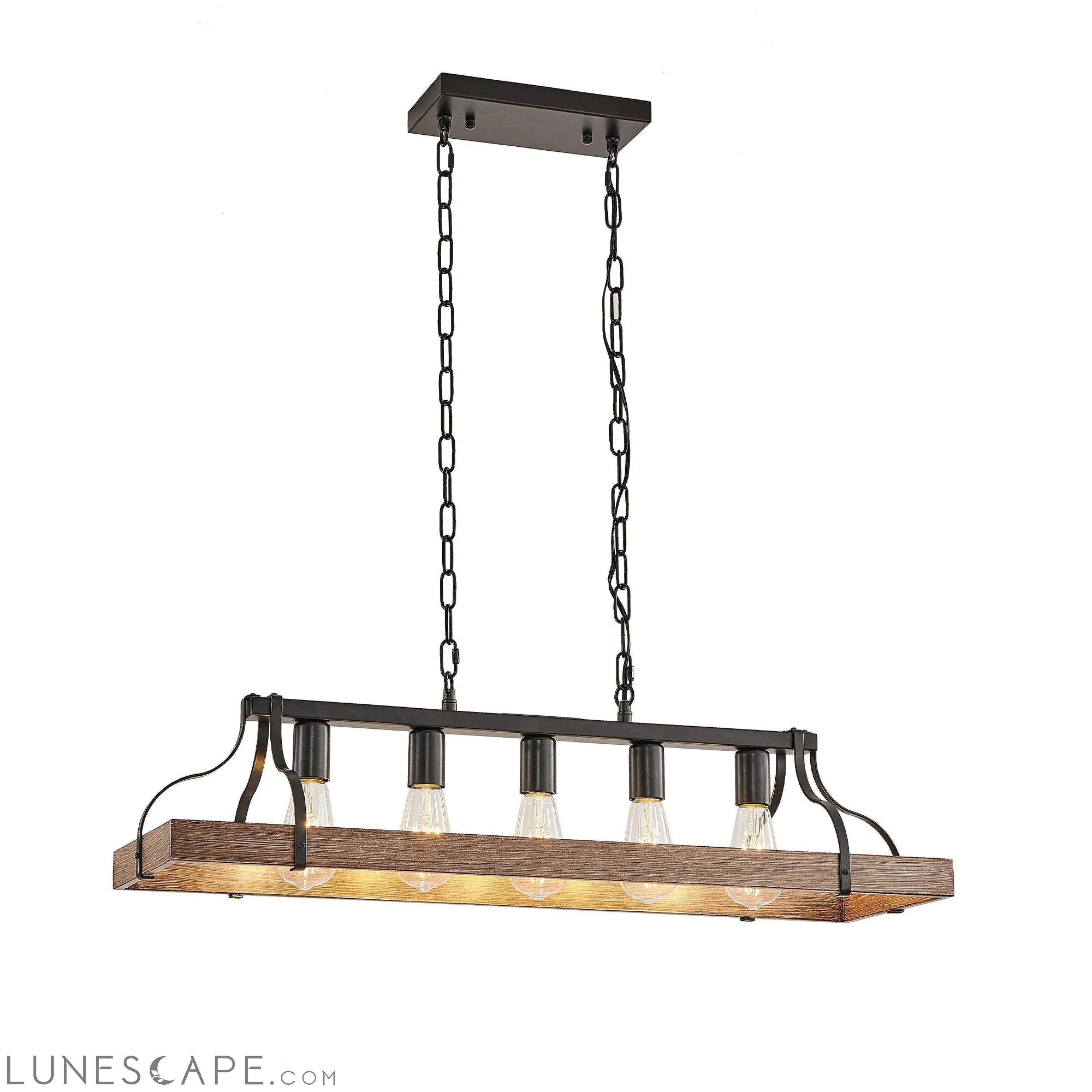 33.7-Inch Black and Faux Wood Grain Pendant Light, 5 E26 Bulb Sockets LUNESCAPE