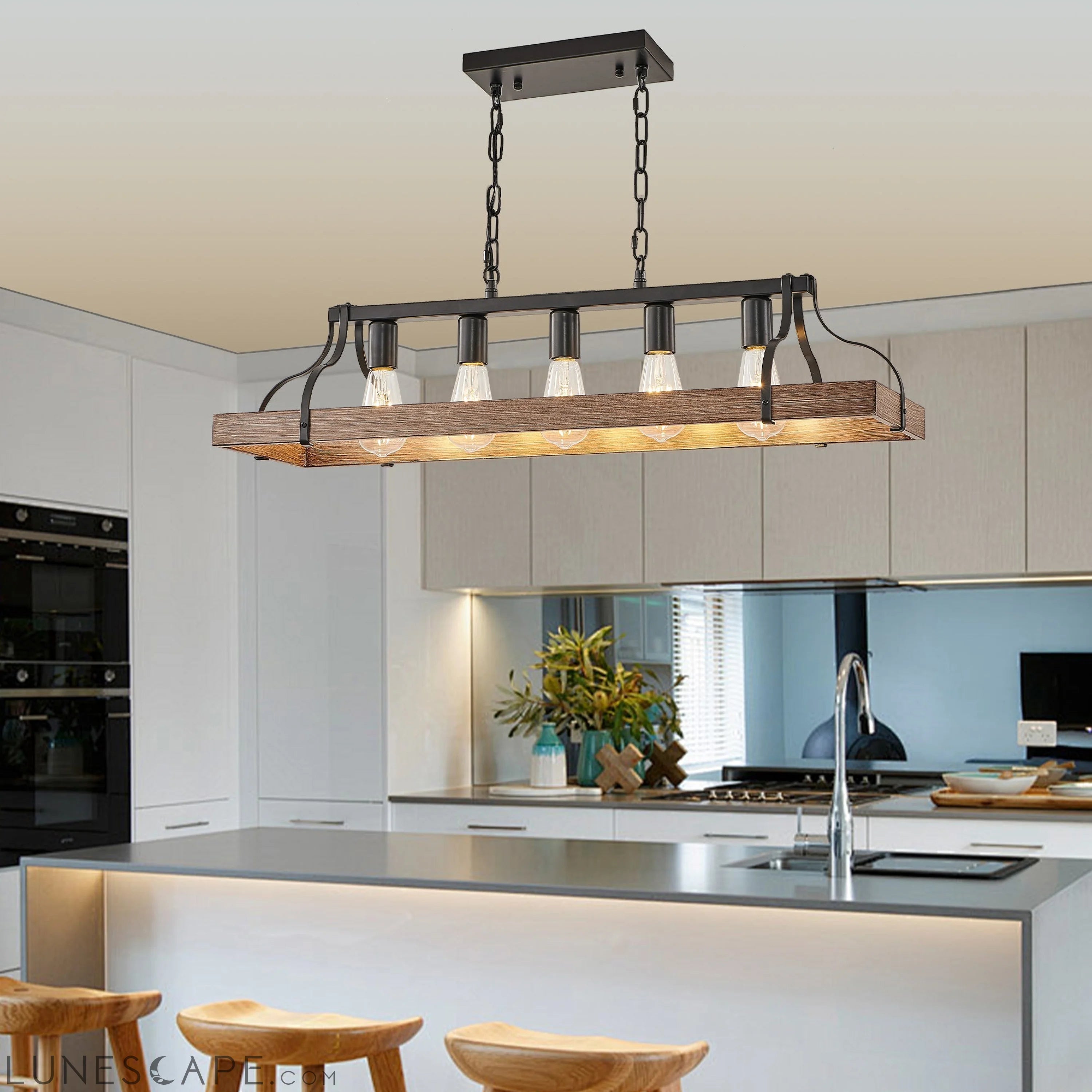 33.7-Inch Black and Faux Wood Grain Pendant Light, 5 E26 Bulb Sockets LUNESCAPE