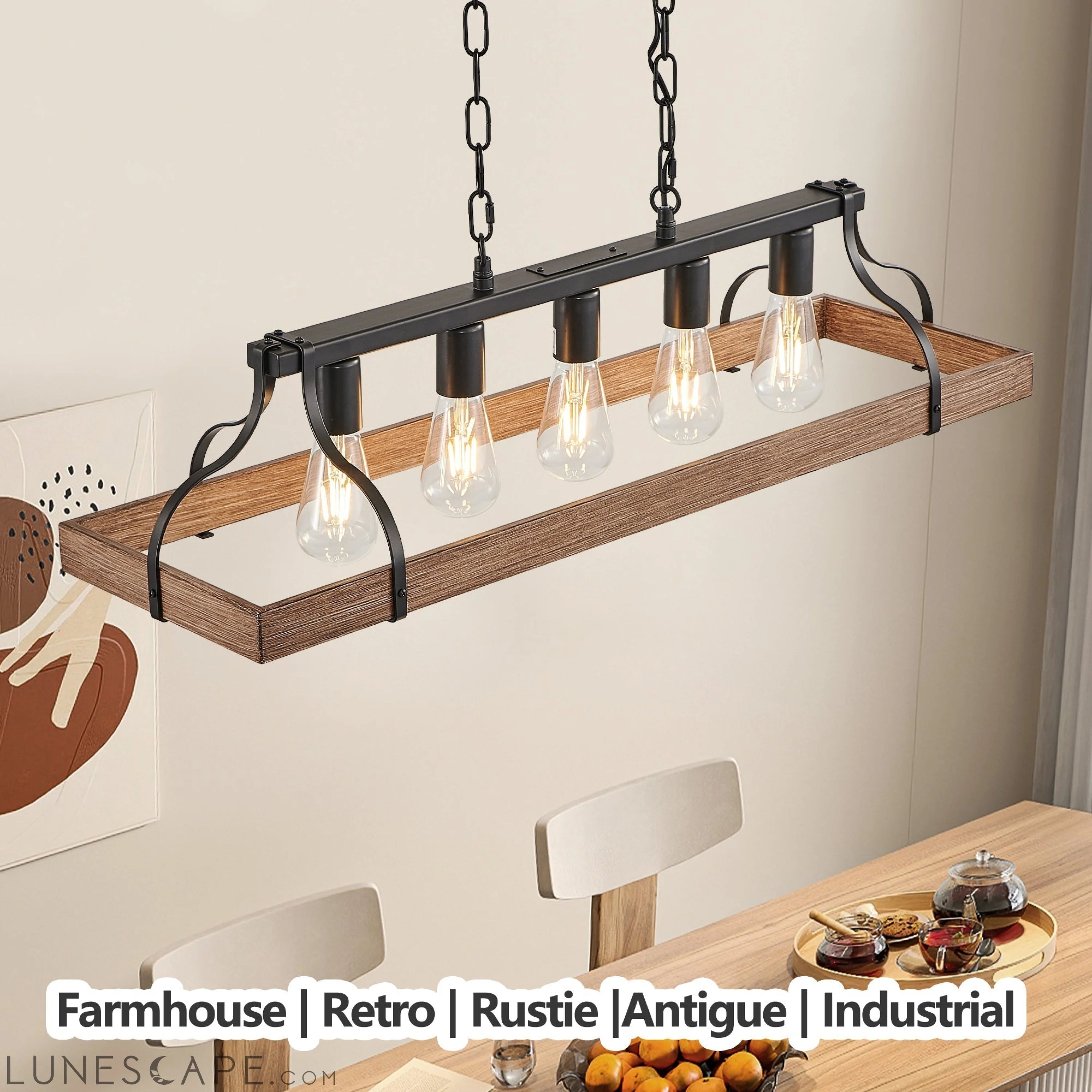 33.7-Inch Black and Faux Wood Grain Pendant Light, 5 E26 Bulb Sockets LUNESCAPE