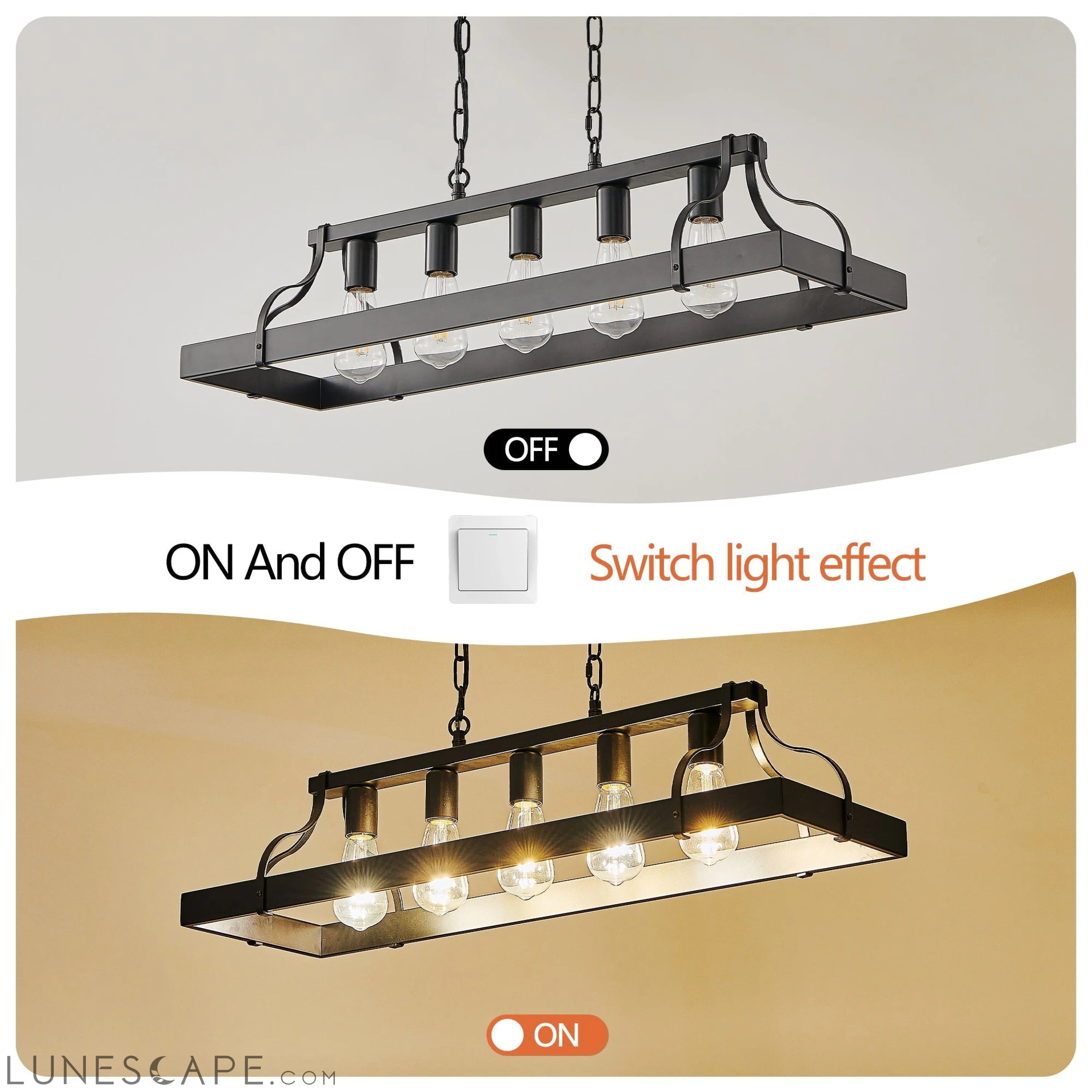 33.7-Inch Black Industrial Pendant Light with 5 E26 Bulb Sockets LUNESCAPE