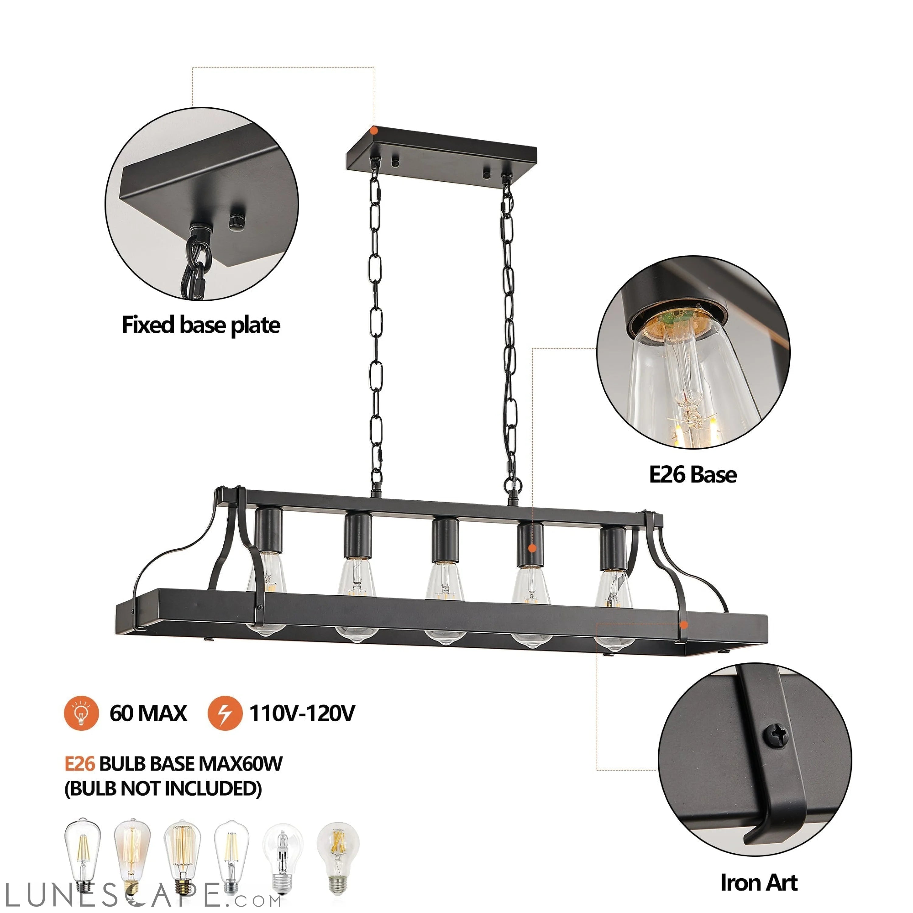 33.7-Inch Black Industrial Pendant Light with 5 E26 Bulb Sockets LUNESCAPE