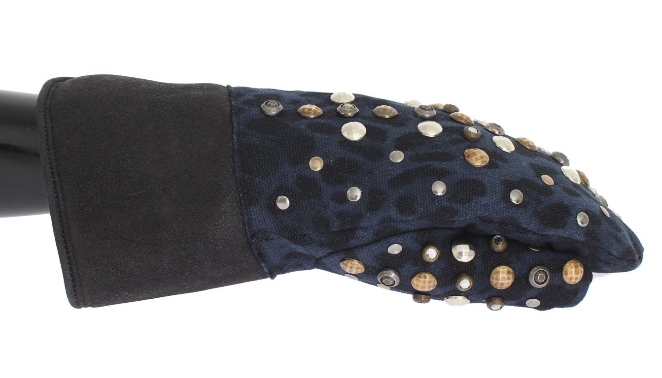 Dolce & Gabbana Gray Wool Shearling Studded Blue Leopard Gloves LUNESCAPE