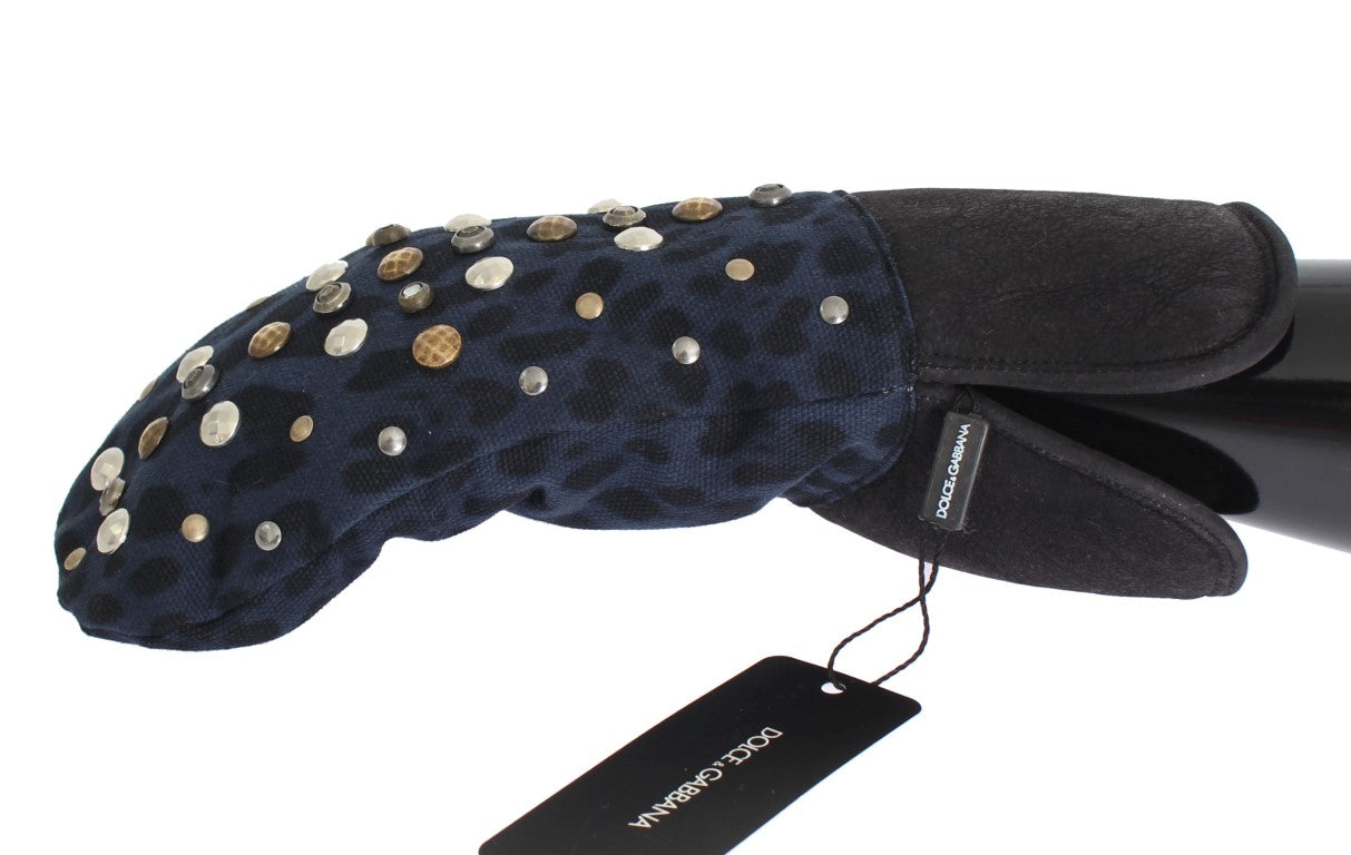 Dolce & Gabbana Gray Wool Shearling Studded Blue Leopard Gloves LUNESCAPE