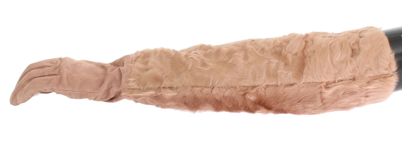 Dolce & Gabbana Beige Suede Xiangao Fur Elbow Gloves LUNESCAPE