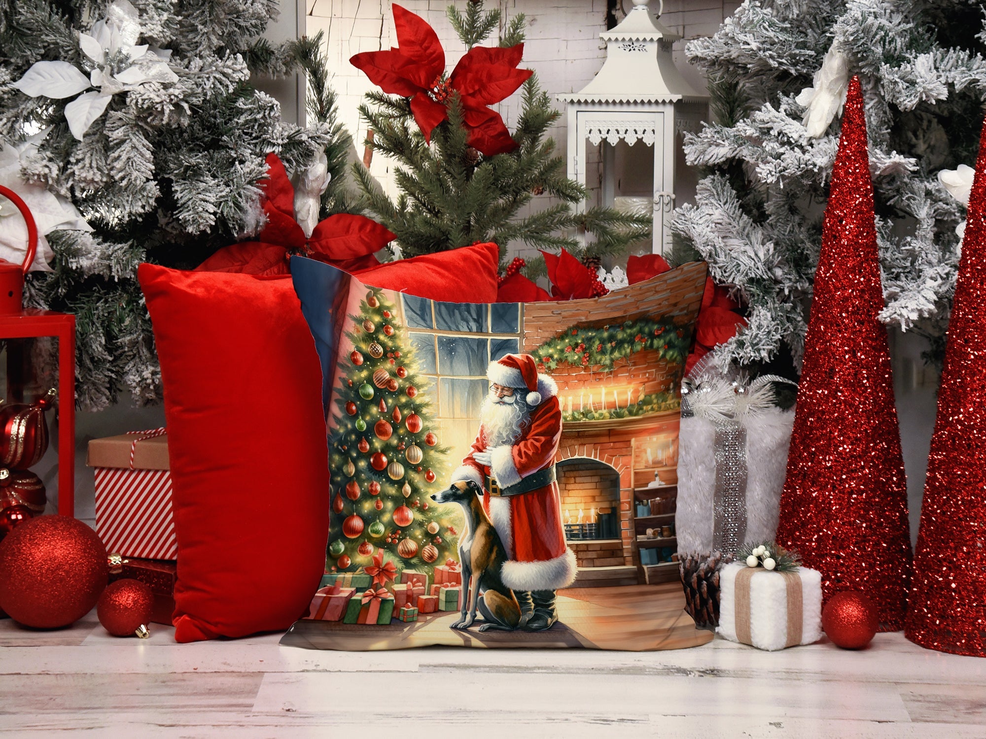 Greyhound and Santa Claus Throw Pillow LUNESCAPE