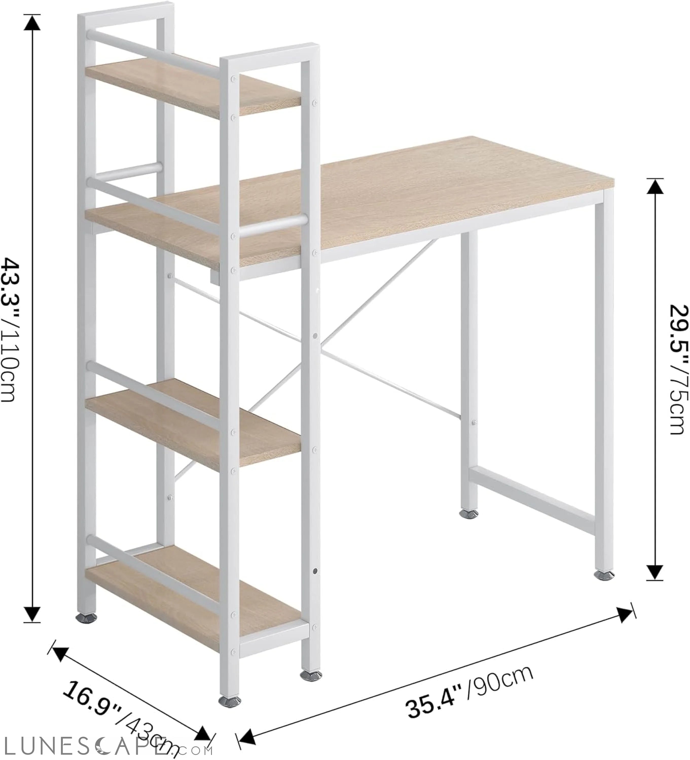 35" Small Computer Desk with 4-Tier Bookshelf, Home Office Desk LUNESCAPE