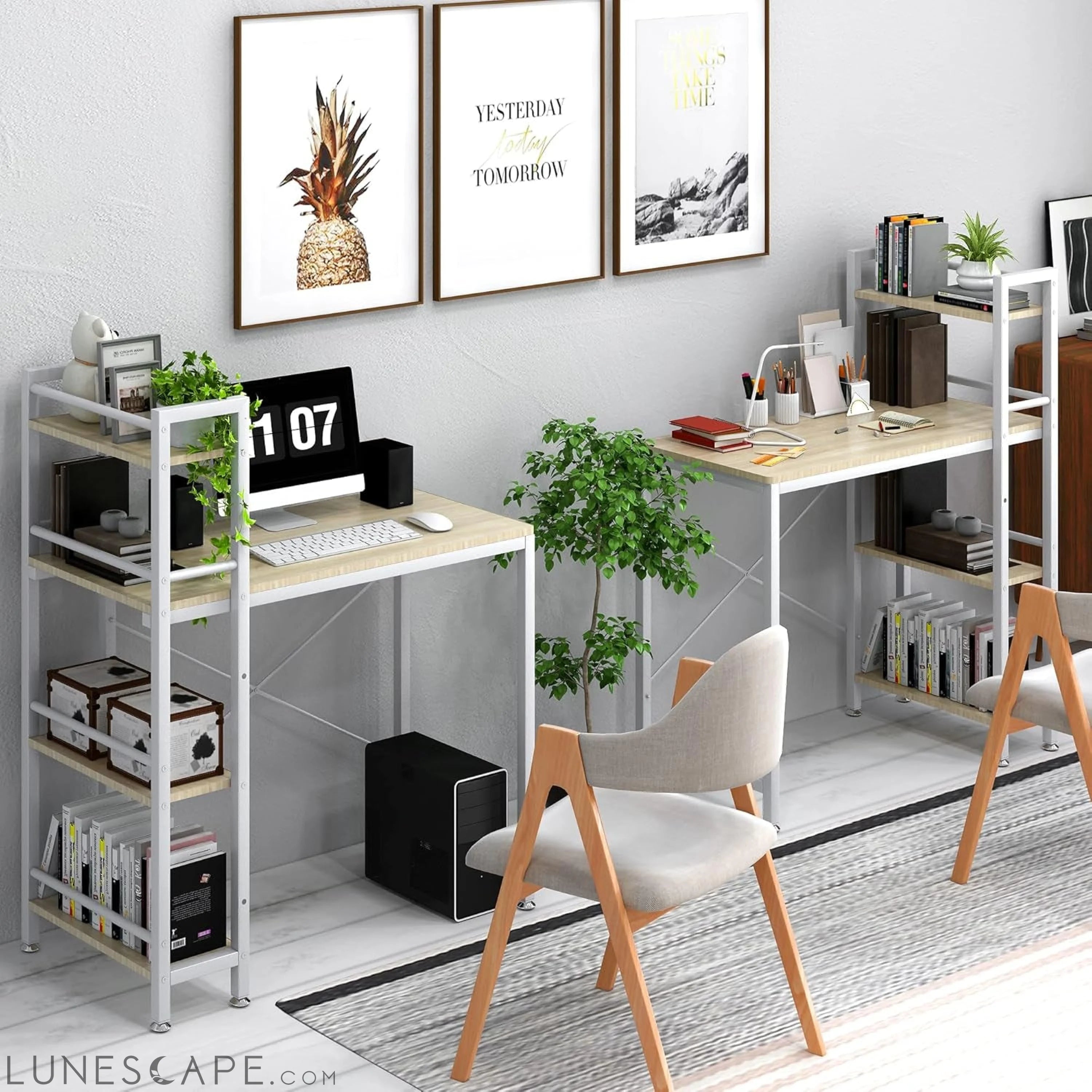 35" Small Computer Desk with 4-Tier Bookshelf, Home Office Desk LUNESCAPE