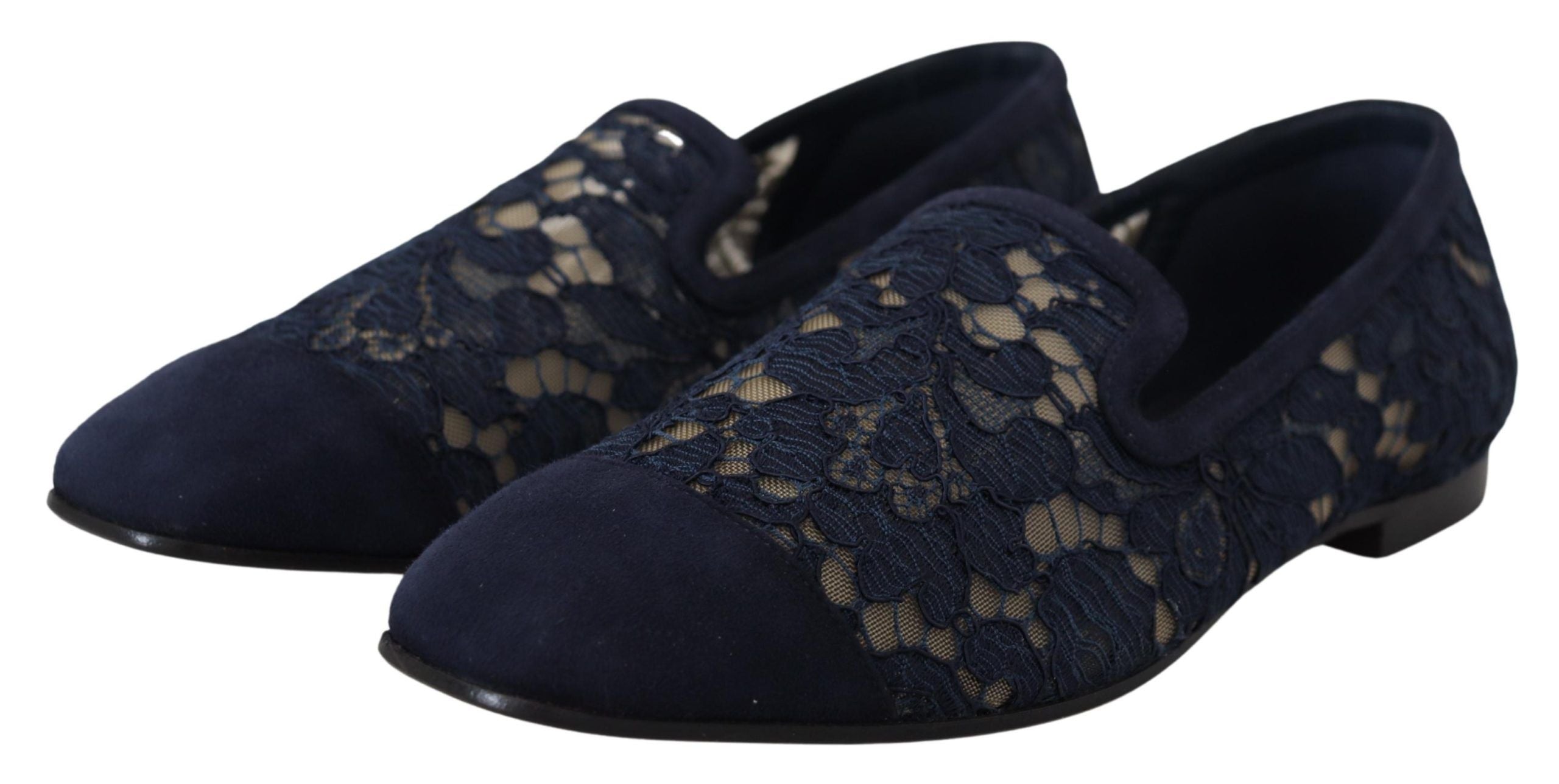 Dolce & Gabbana Blue Floral Lace Slip Ons Loafers Flats Shoes LUNESCAPE