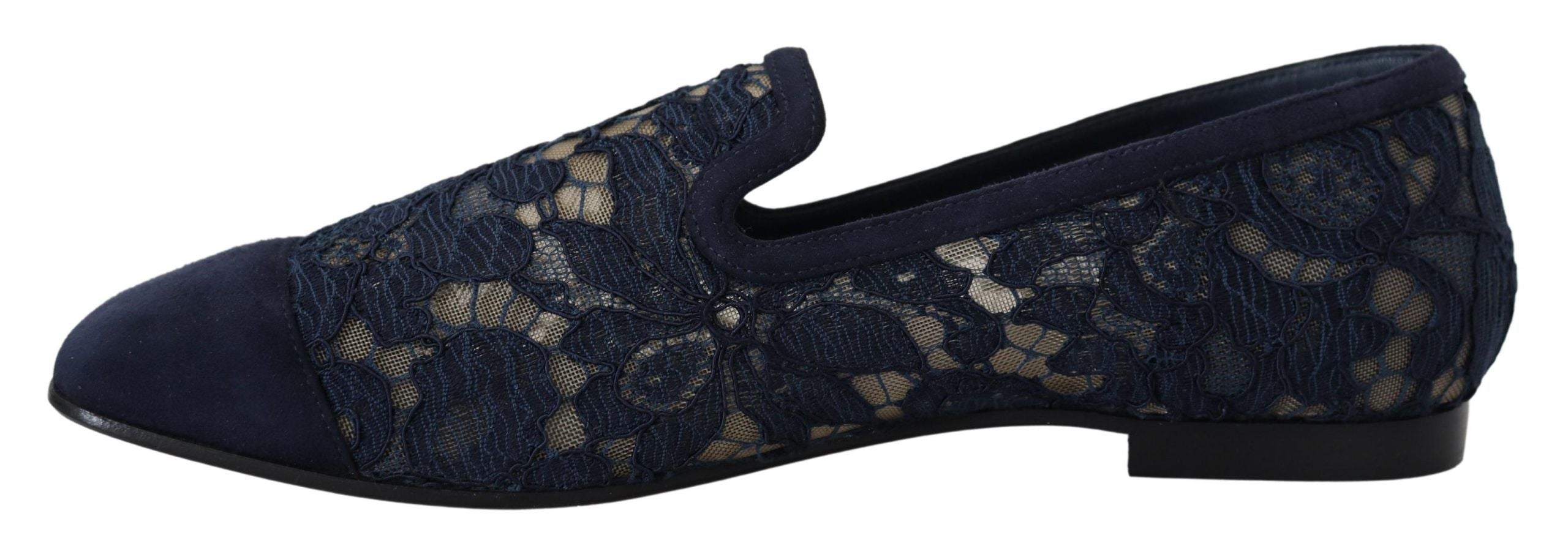 Dolce & Gabbana Blue Floral Lace Slip Ons Loafers Flats Shoes LUNESCAPE