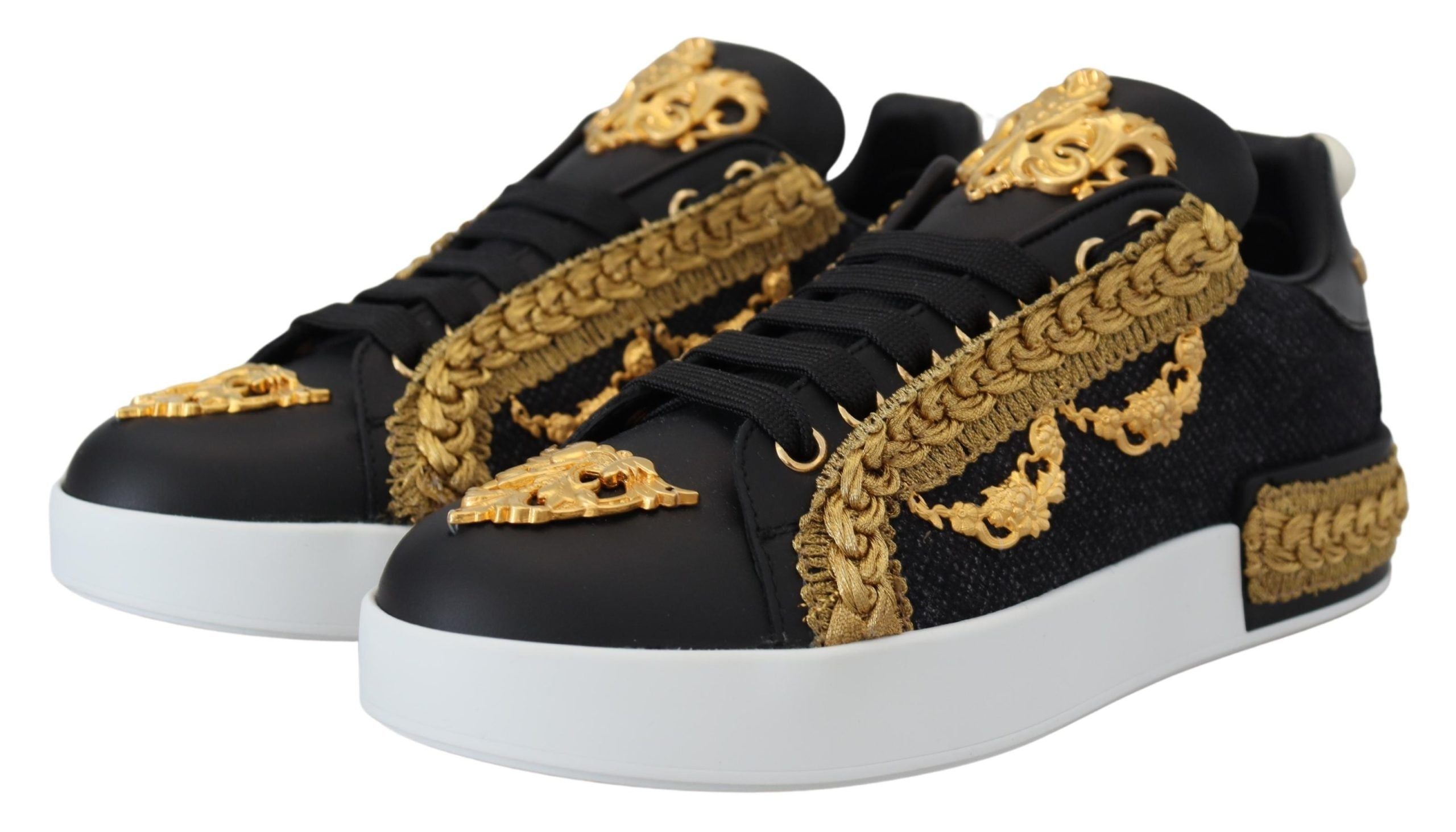 Dolce & Gabbana Black Gold Baroque Portofino Leather Sneakers Shoes LUNESCAPE