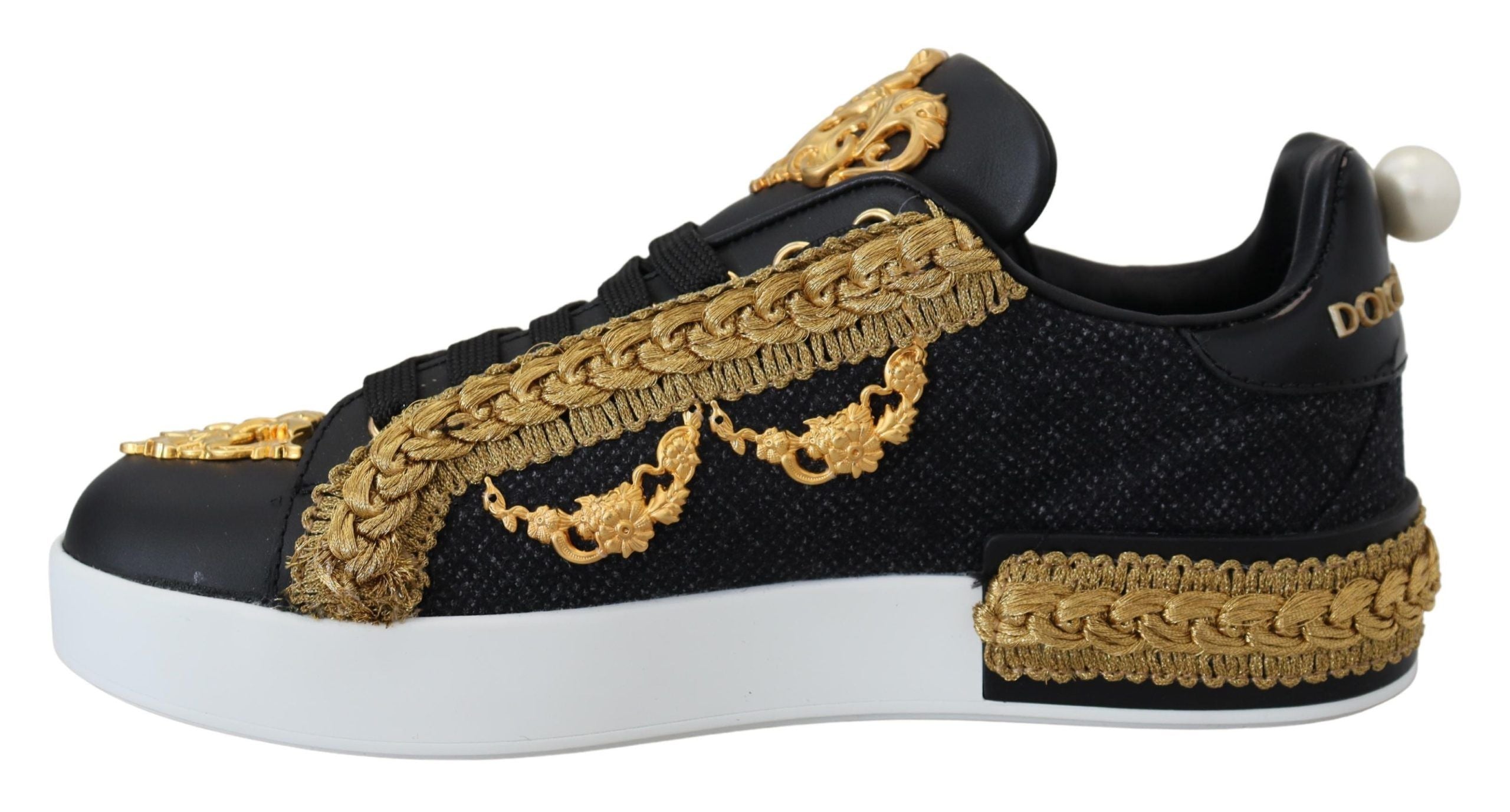 Dolce & Gabbana Black Gold Baroque Portofino Leather Sneakers Shoes LUNESCAPE