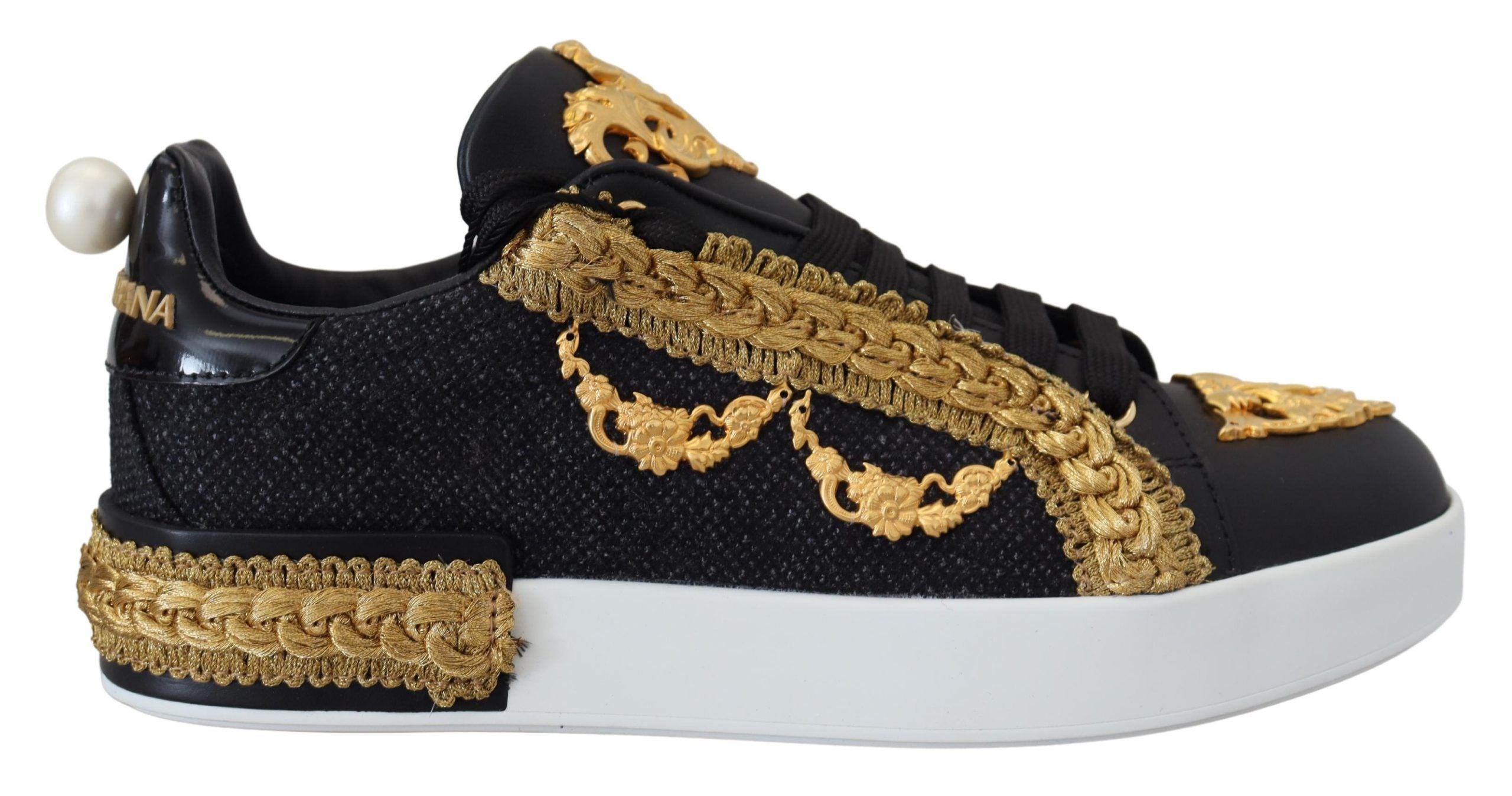 Dolce & Gabbana Black Gold Baroque Portofino Leather Sneakers Shoes LUNESCAPE