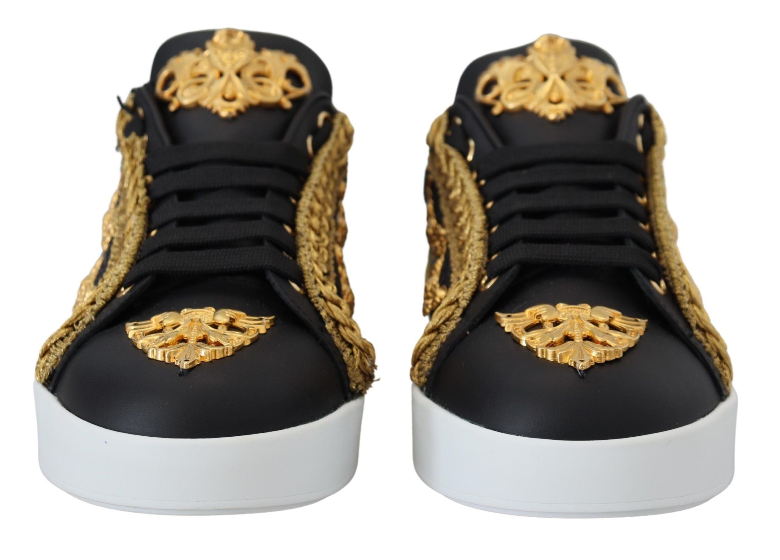 Dolce & Gabbana Black Gold Baroque Portofino Leather Sneakers Shoes LUNESCAPE