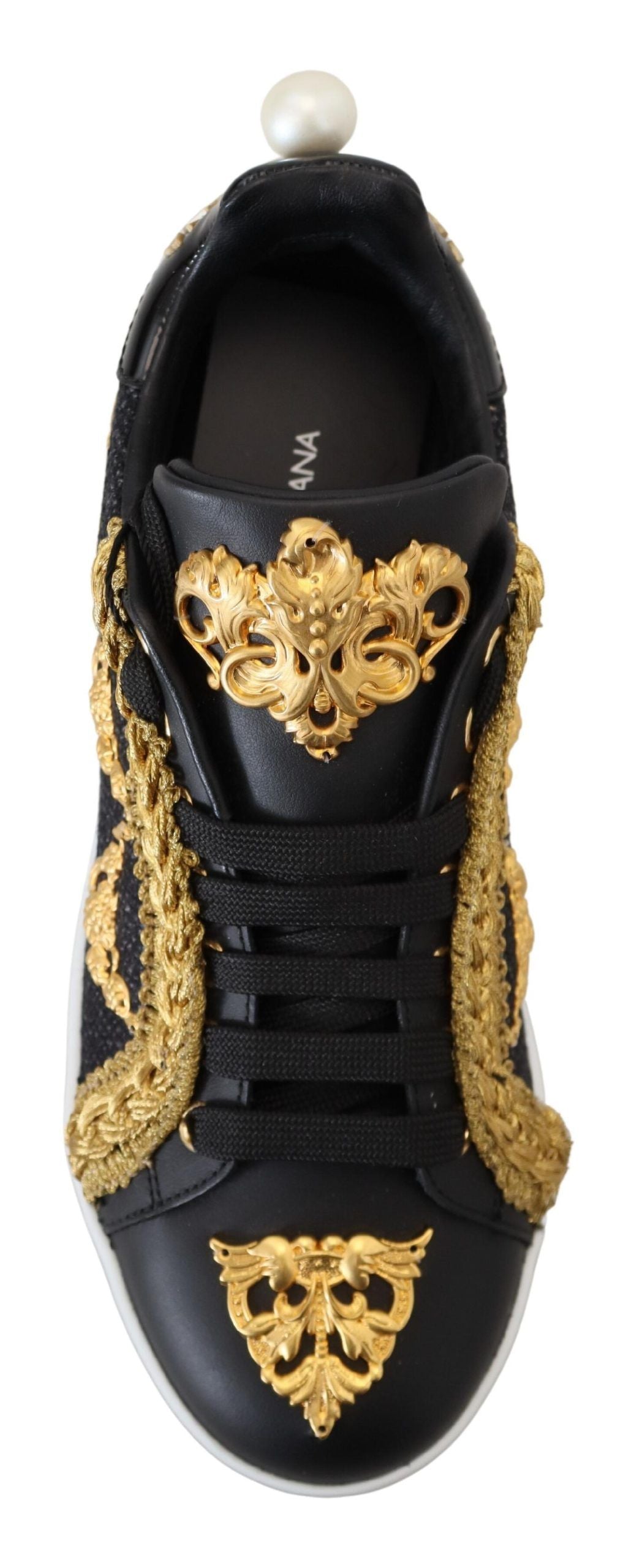 Dolce & Gabbana Black Gold Baroque Portofino Leather Sneakers Shoes LUNESCAPE