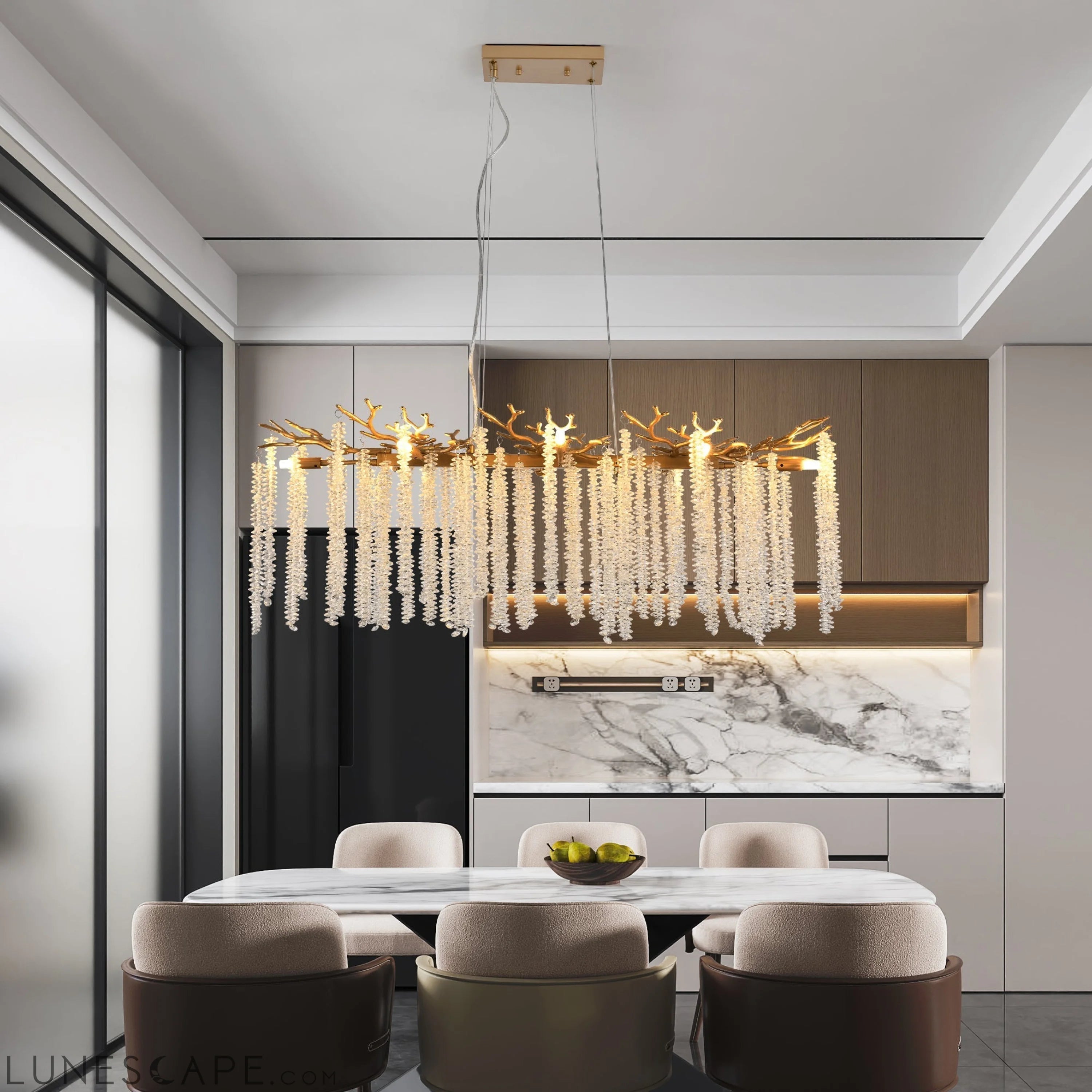 39.4-inch Modern Golden Pendant Light with Cascading Crystal Strands, LUNESCAPE