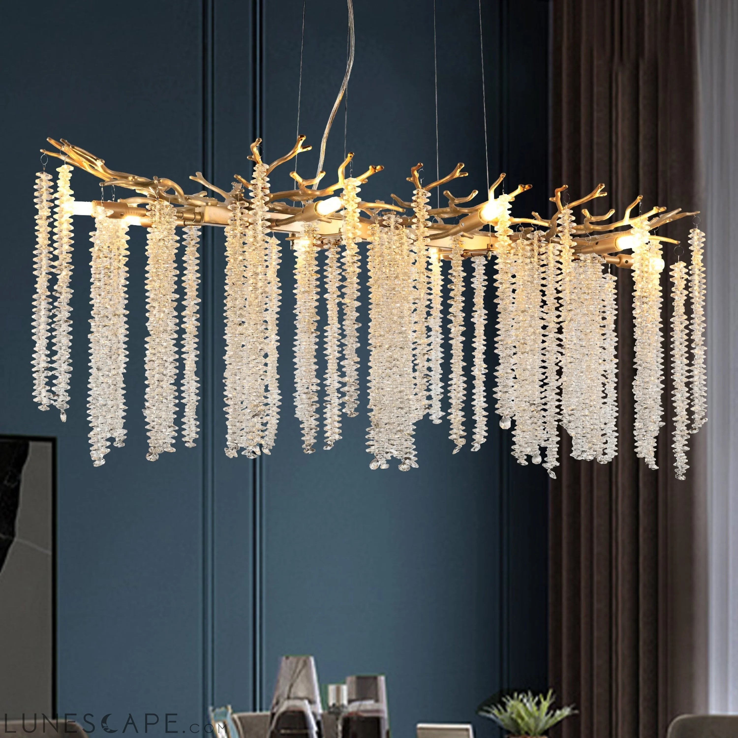 39.4-inch Modern Golden Pendant Light with Cascading Crystal Strands, LUNESCAPE