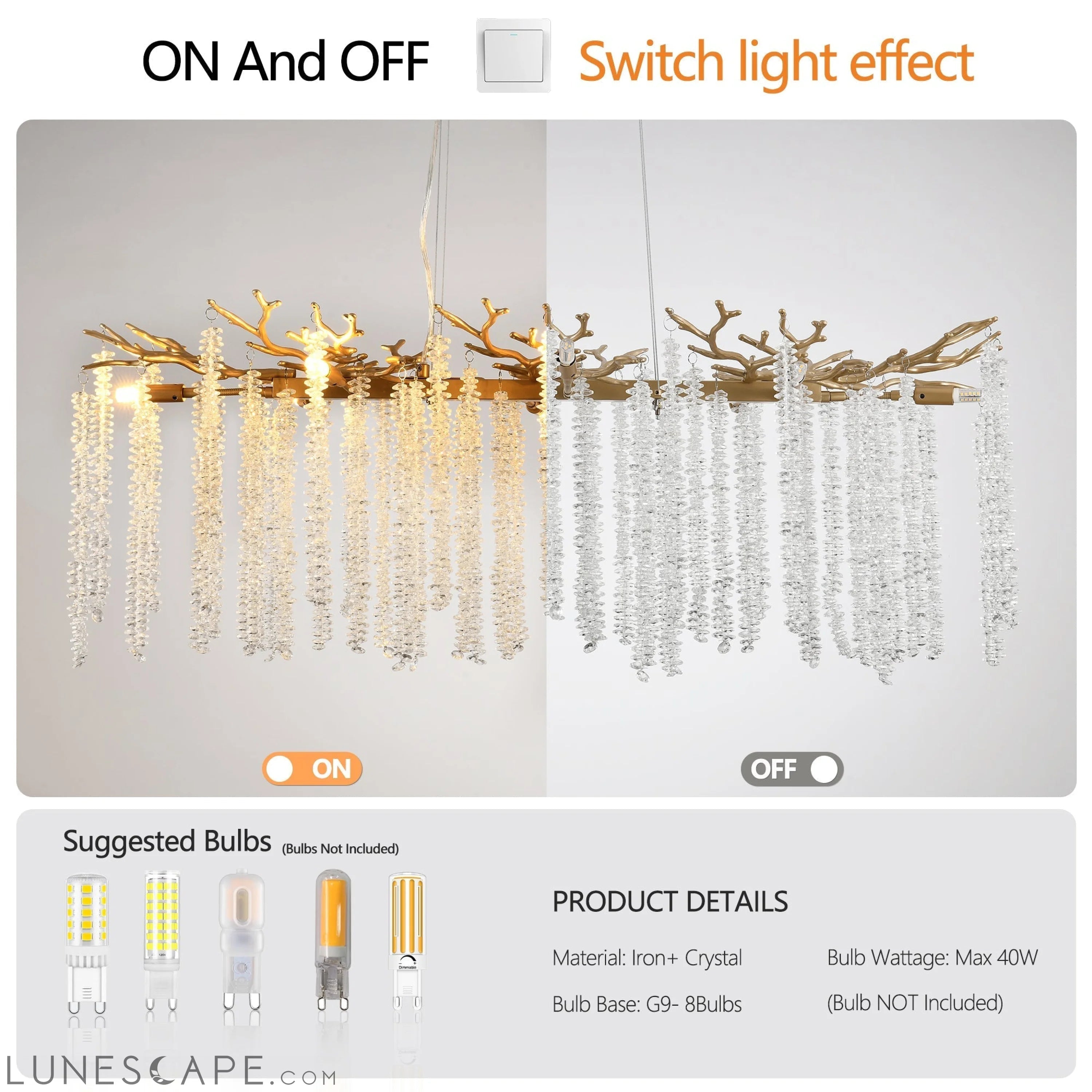 39.4-inch Modern Golden Pendant Light with Cascading Crystal Strands, LUNESCAPE