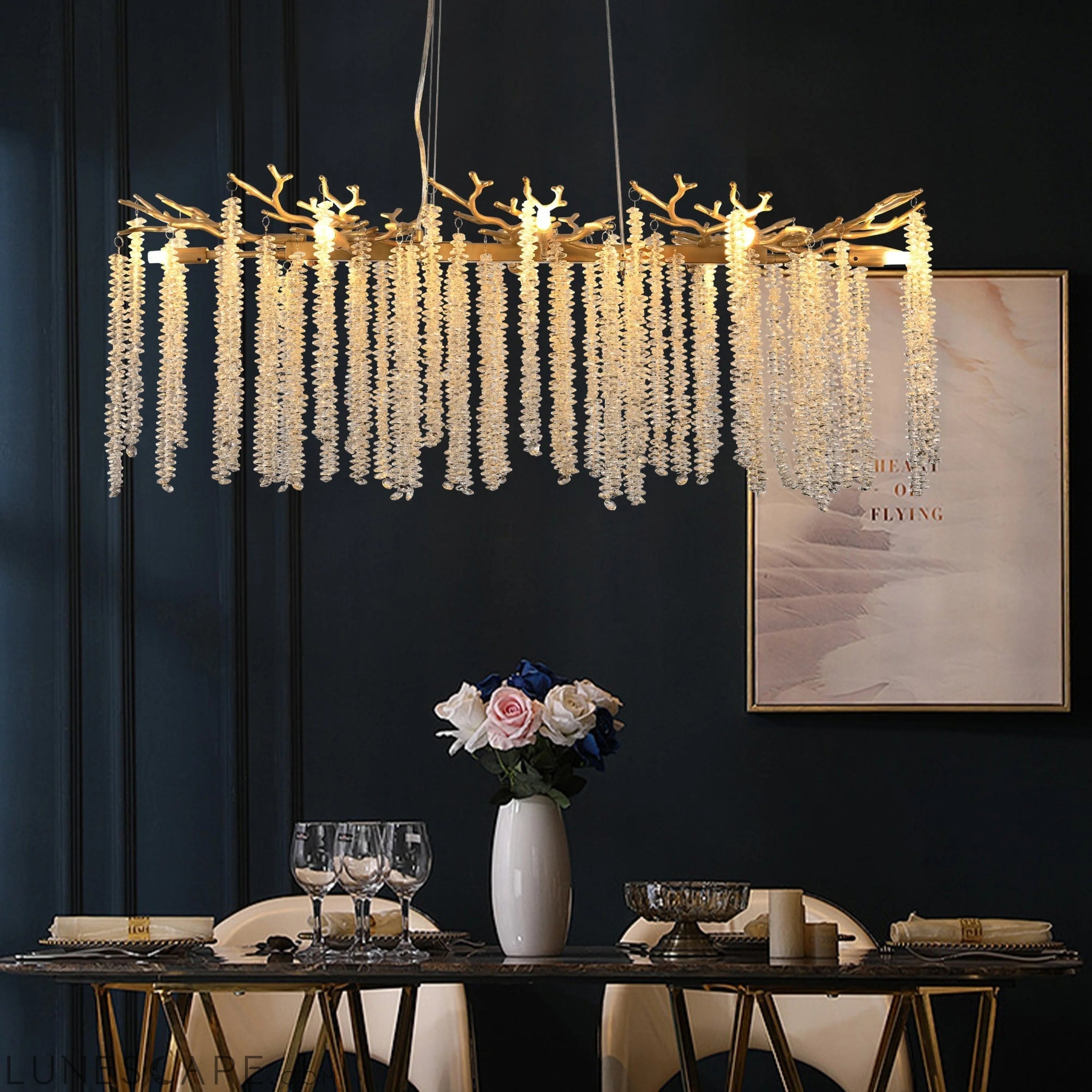 39.4-inch Modern Golden Pendant Light with Cascading Crystal Strands, LUNESCAPE
