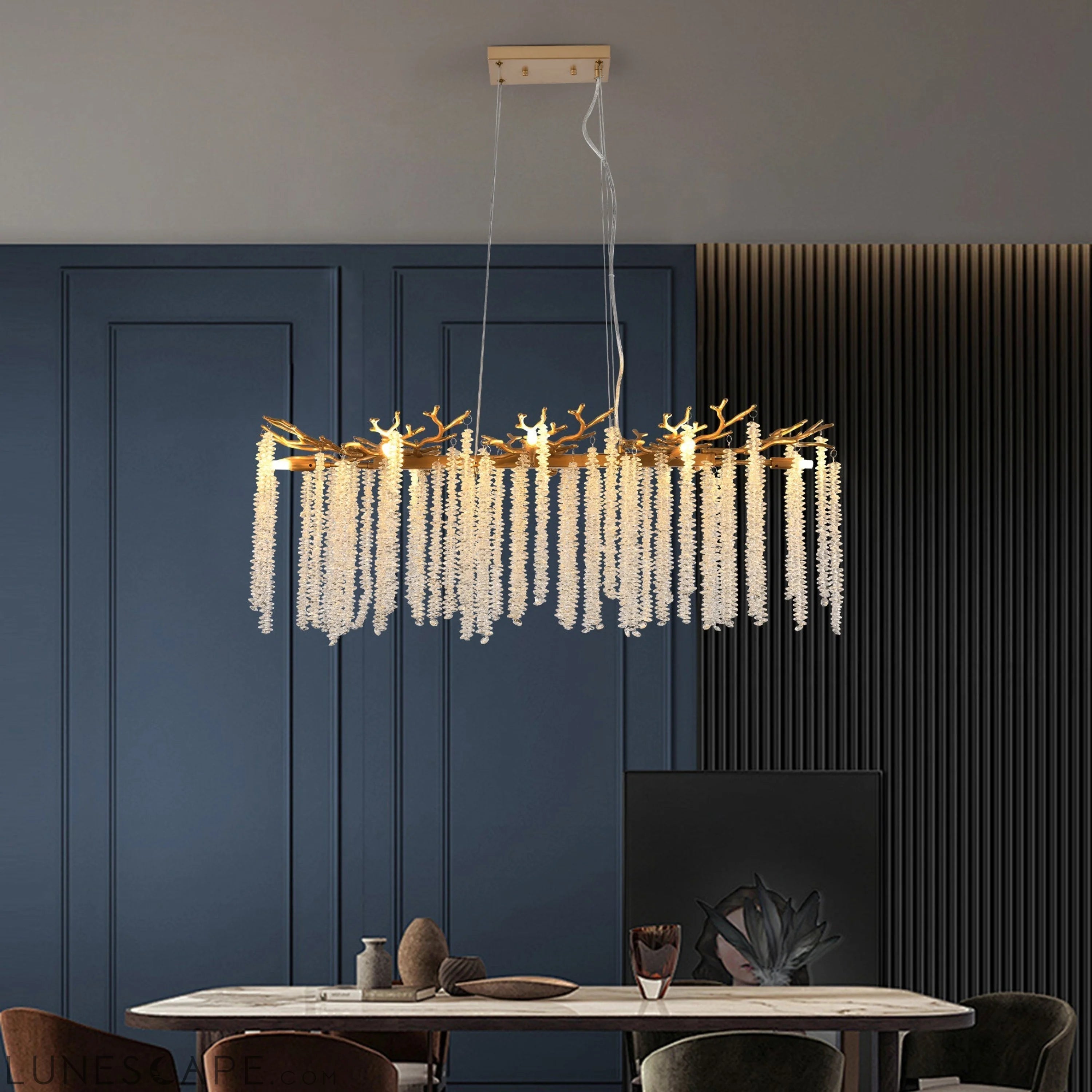 39.4-inch Modern Golden Pendant Light with Cascading Crystal Strands, LUNESCAPE