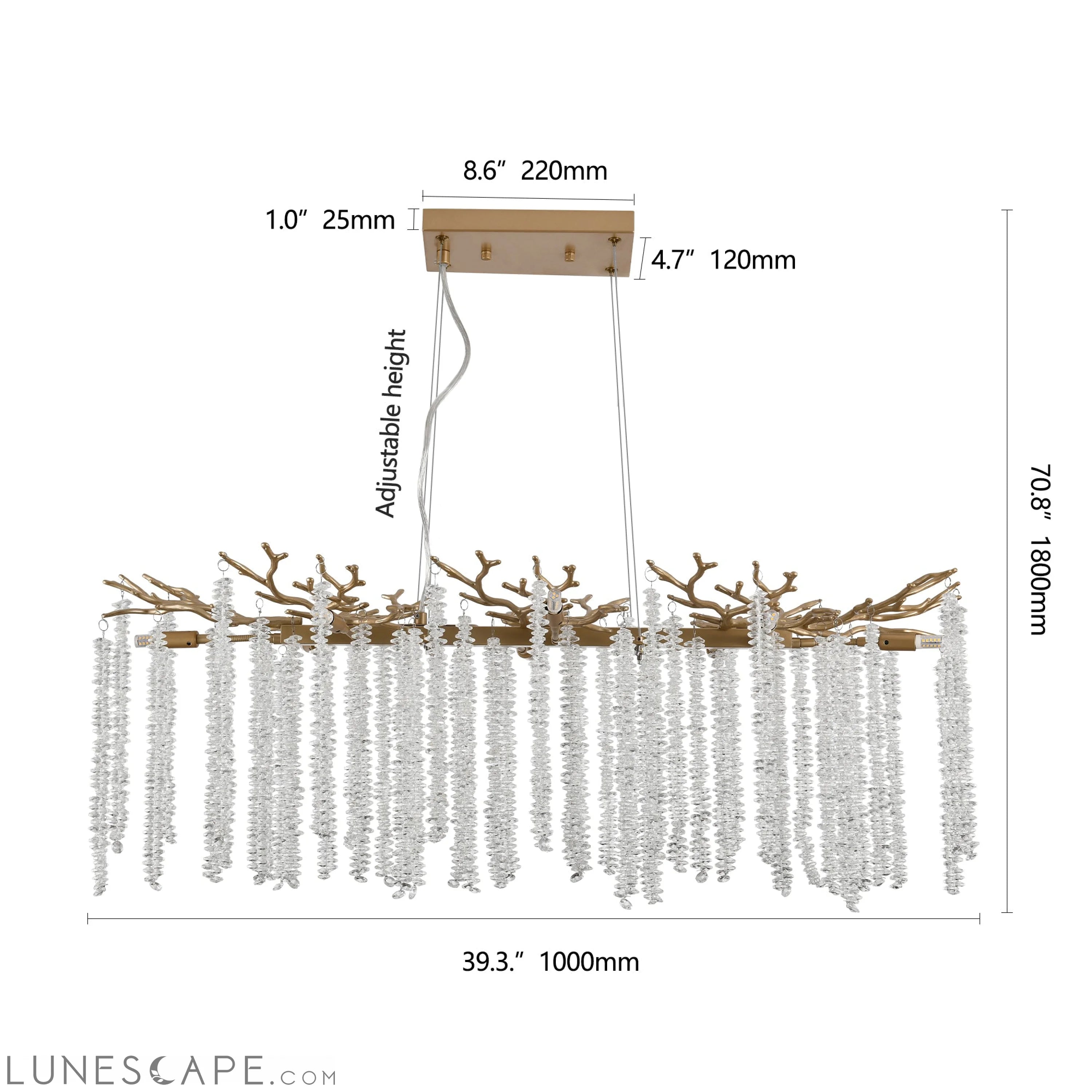 39.4-inch Modern Golden Pendant Light with Cascading Crystal Strands, LUNESCAPE