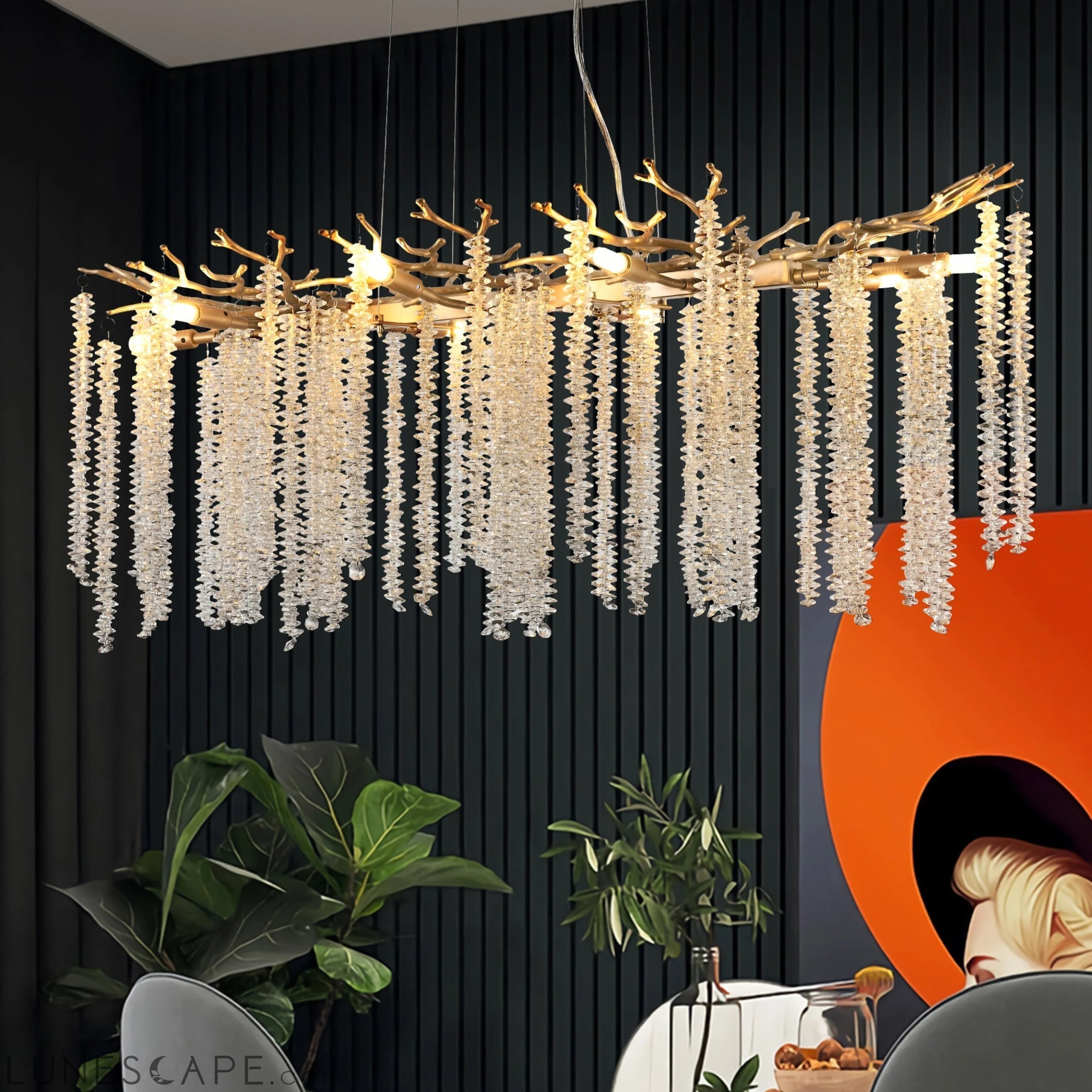 39.4-inch Modern Golden Pendant Light with Cascading Crystal Strands, LUNESCAPE