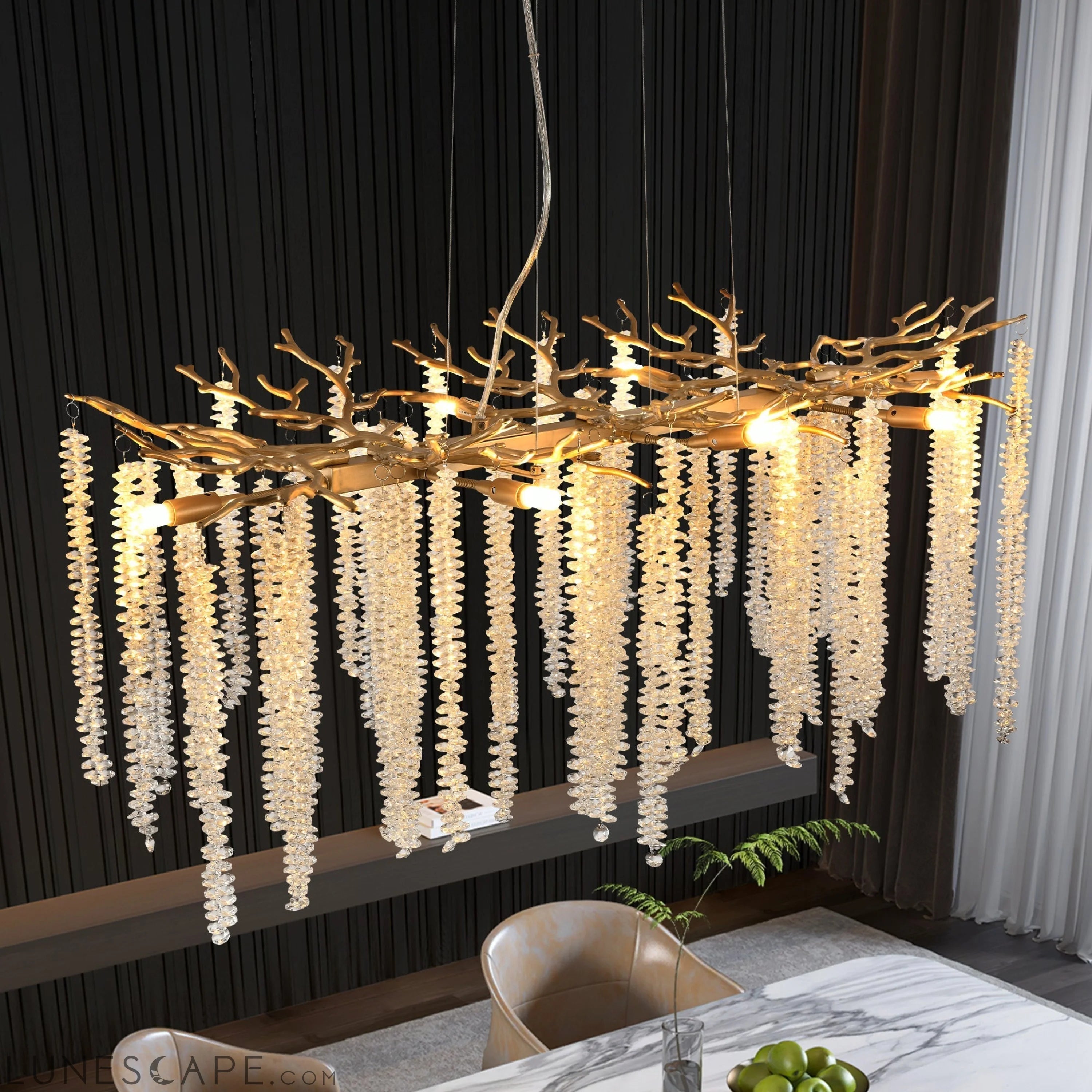 39.4-inch Modern Golden Pendant Light with Cascading Crystal Strands, LUNESCAPE