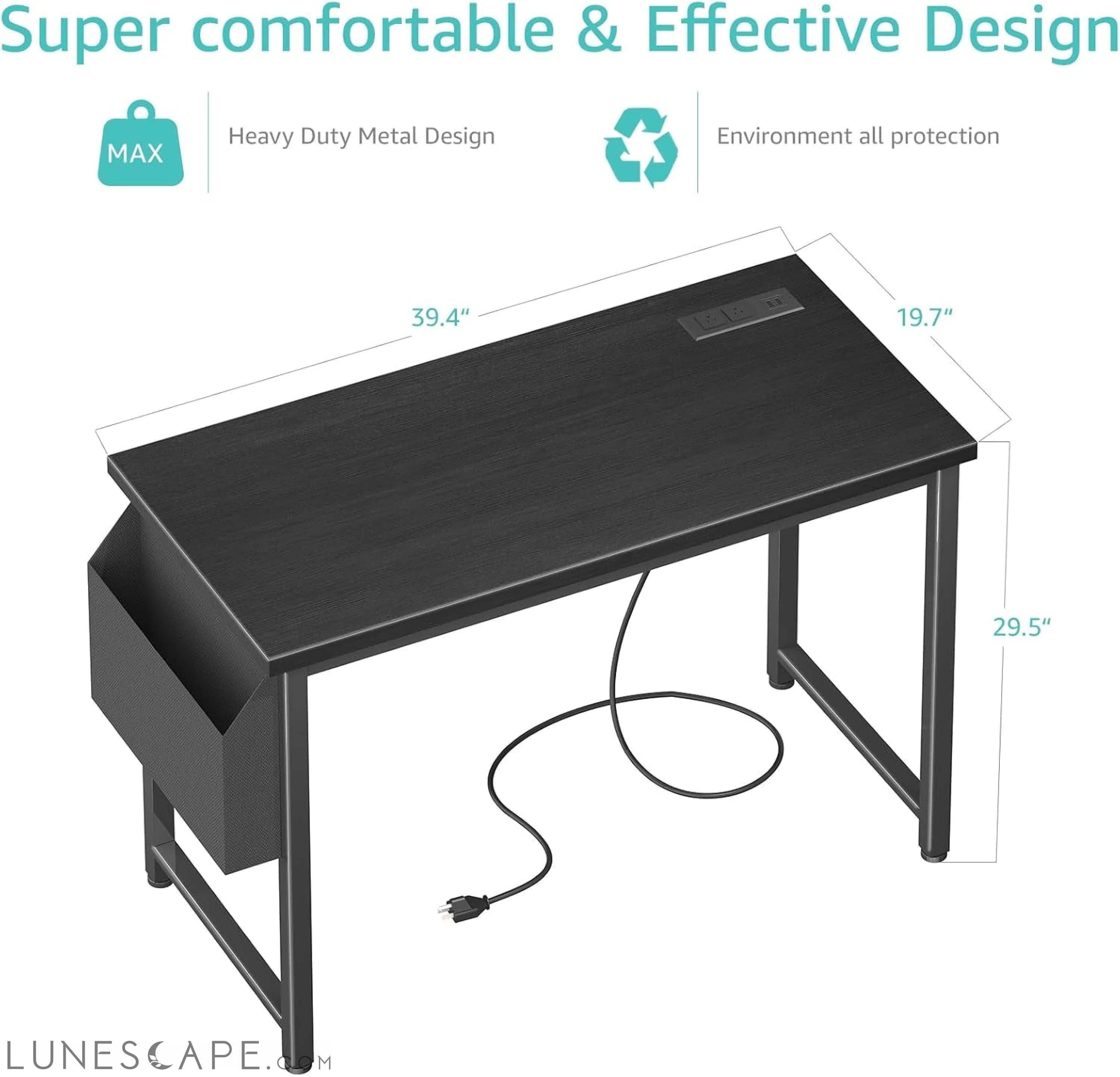 39 Inch Computer Desk with Power Outlet, 40 Inch Teen Study Table Home LUNESCAPE