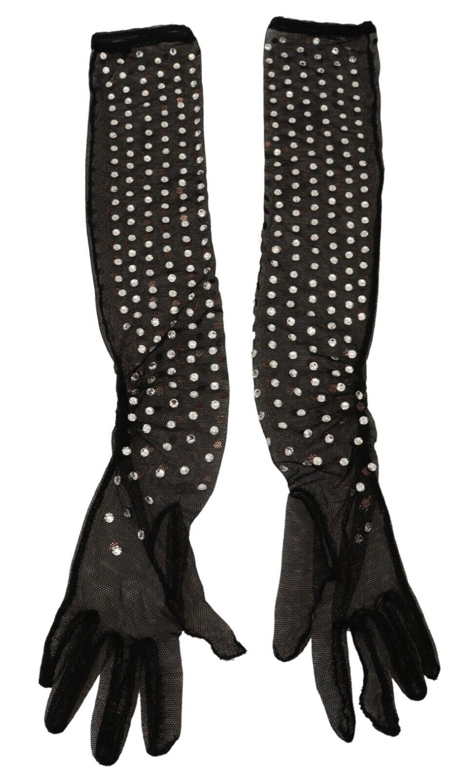 Dolce & Gabbana Black Crystal Elbow Length Cotton Tulle Gloves LUNESCAPE