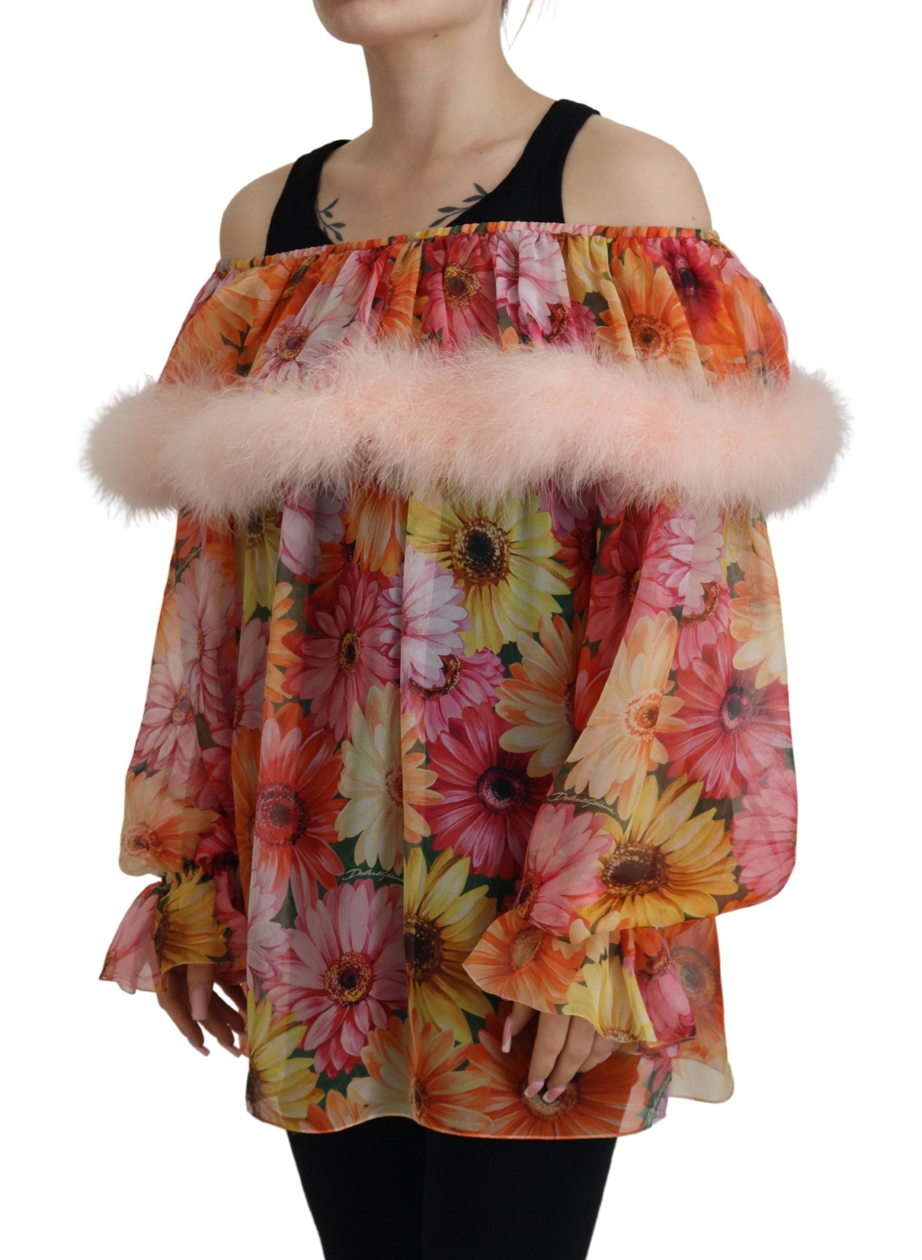 Dolce & Gabbana Multicolor Floral Fur Shearling Blouse Top