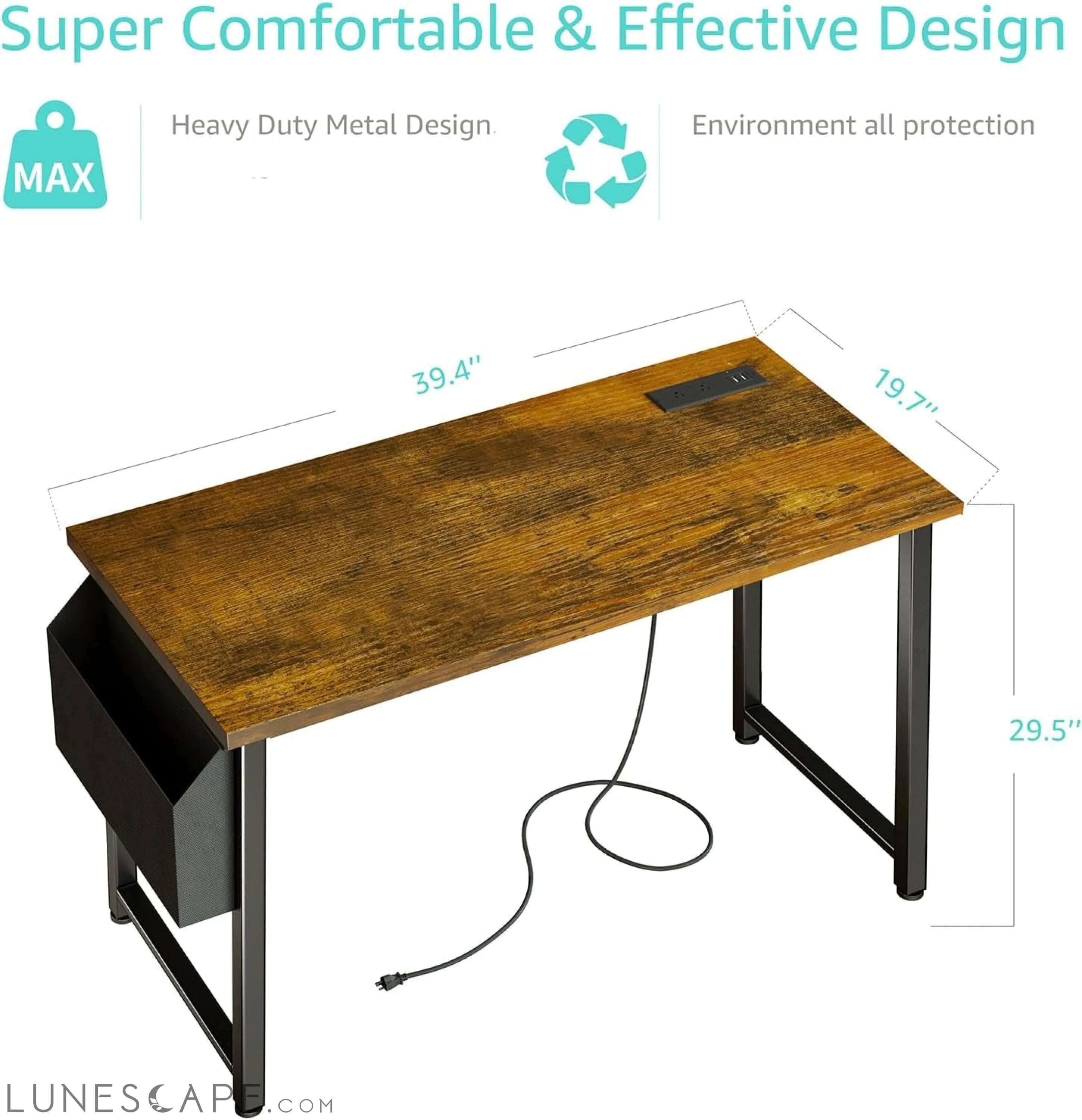 40 Inch Computer Desk with Power Outlet, 39 Inch Teen Study Table Home LUNESCAPE