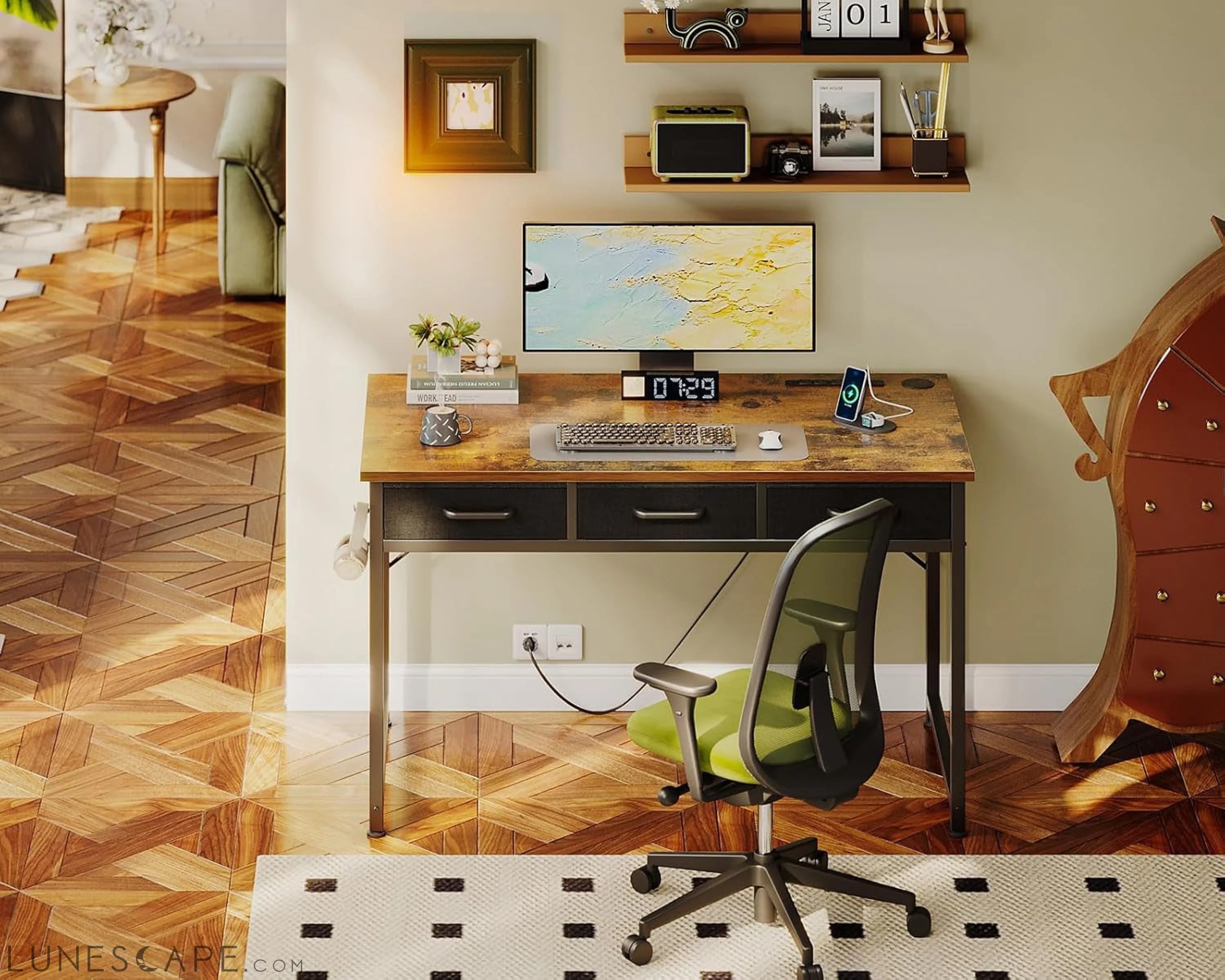 40 Inch Small Computer Desk with 3 Fabric Drawers, Office Desk with LUNESCAPE