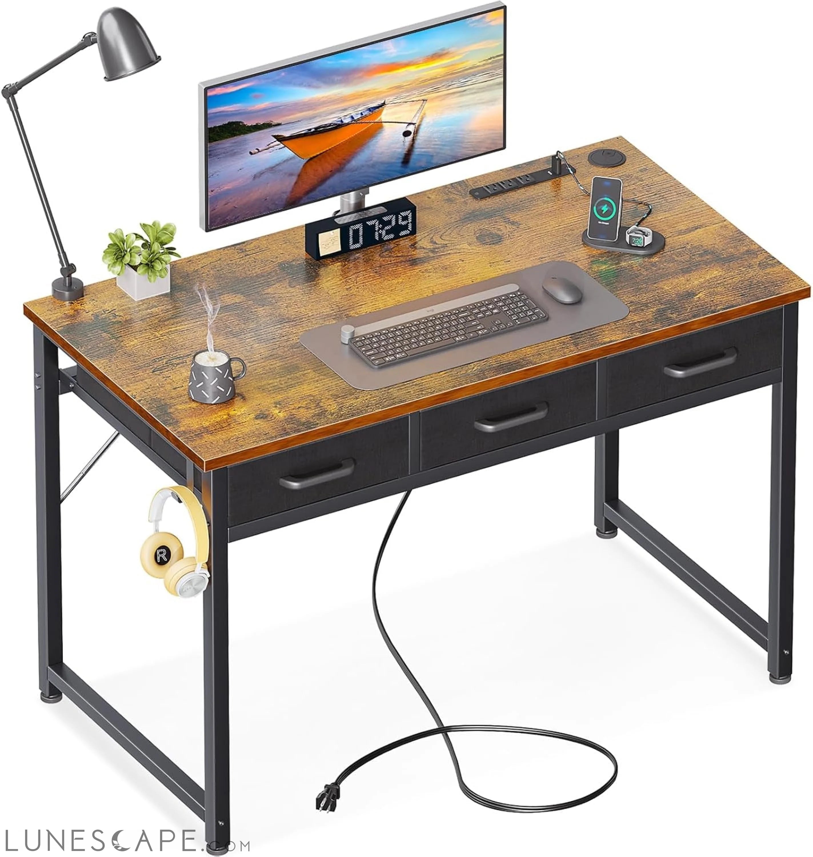 40 Inch Small Computer Desk with 3 Fabric Drawers, Office Desk with LUNESCAPE