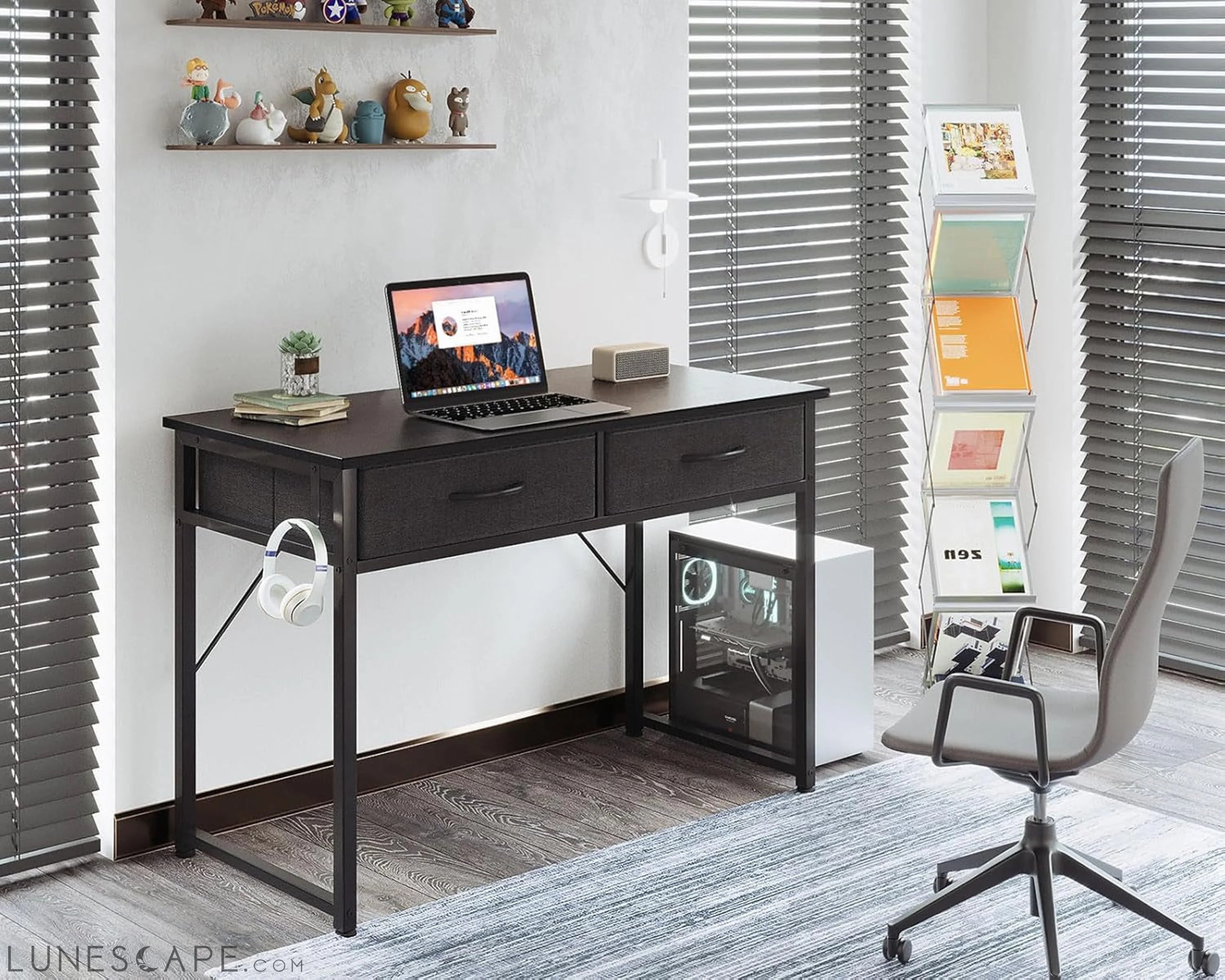 40 Inch Small Desk with Fabric Drawers- for Bedroom, Black Study Desk LUNESCAPE