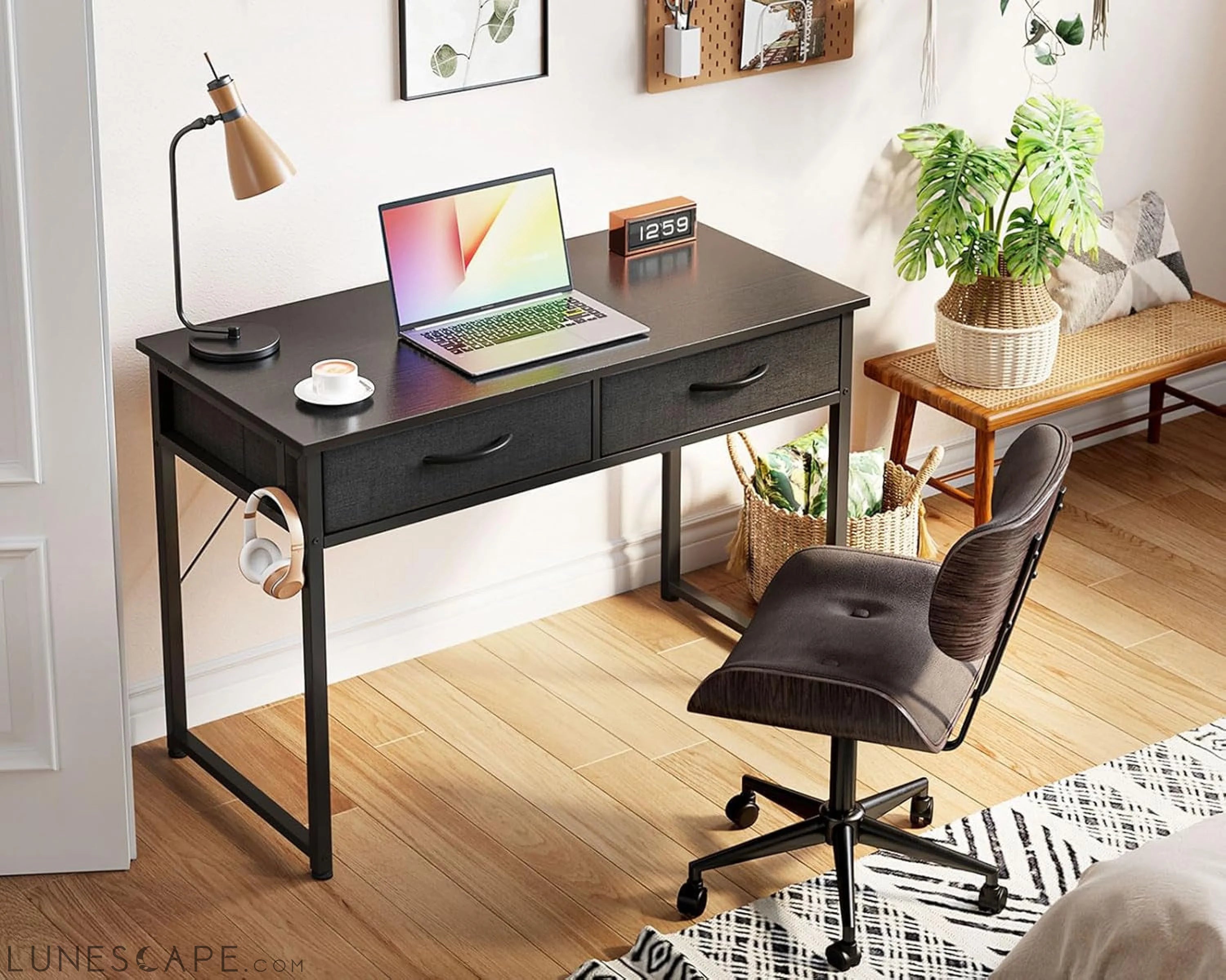 40 Inch Small Desk with Fabric Drawers- for Bedroom, Black Study Desk LUNESCAPE