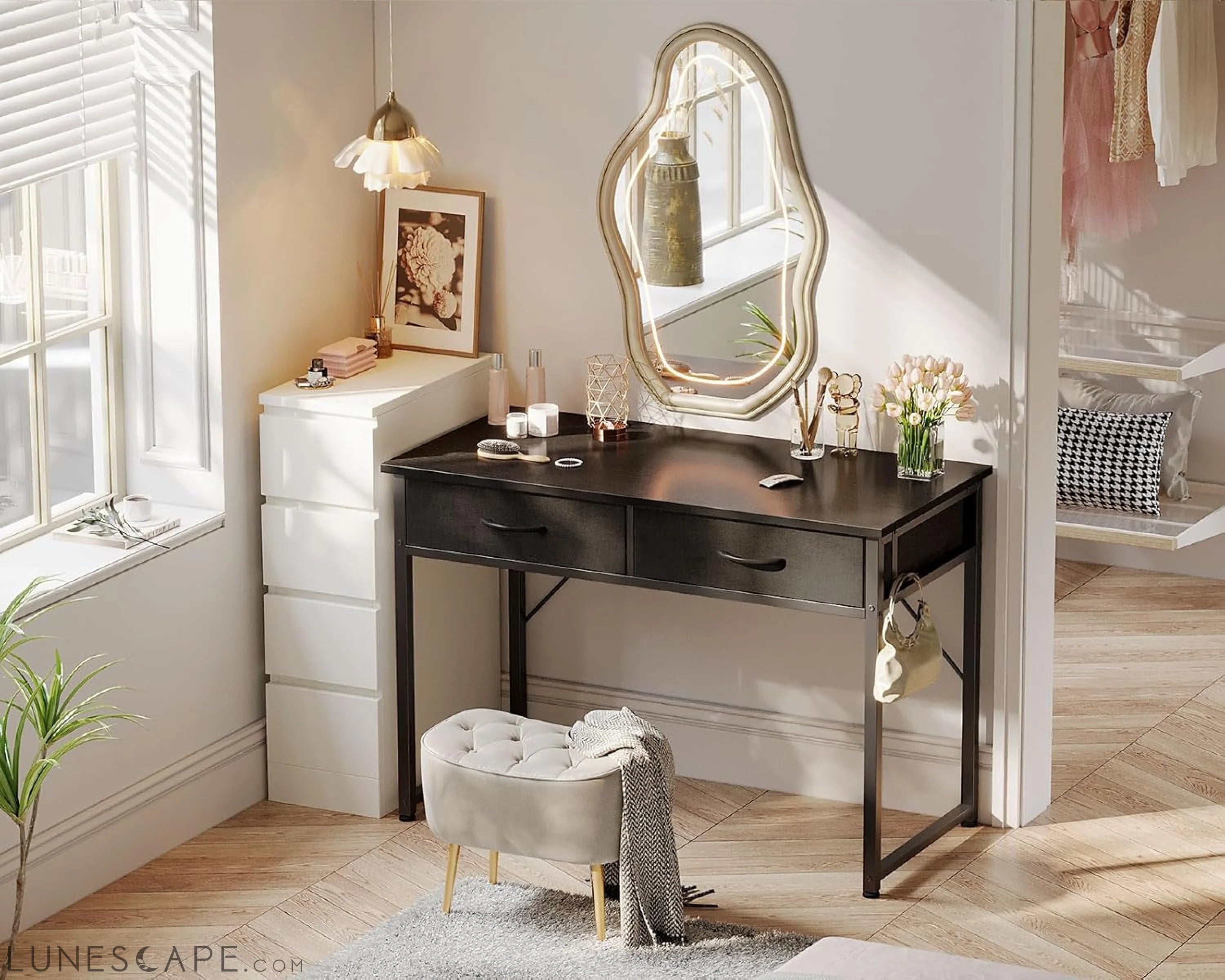 40 Inch Small Desk with Fabric Drawers- for Bedroom, Black Study Desk LUNESCAPE