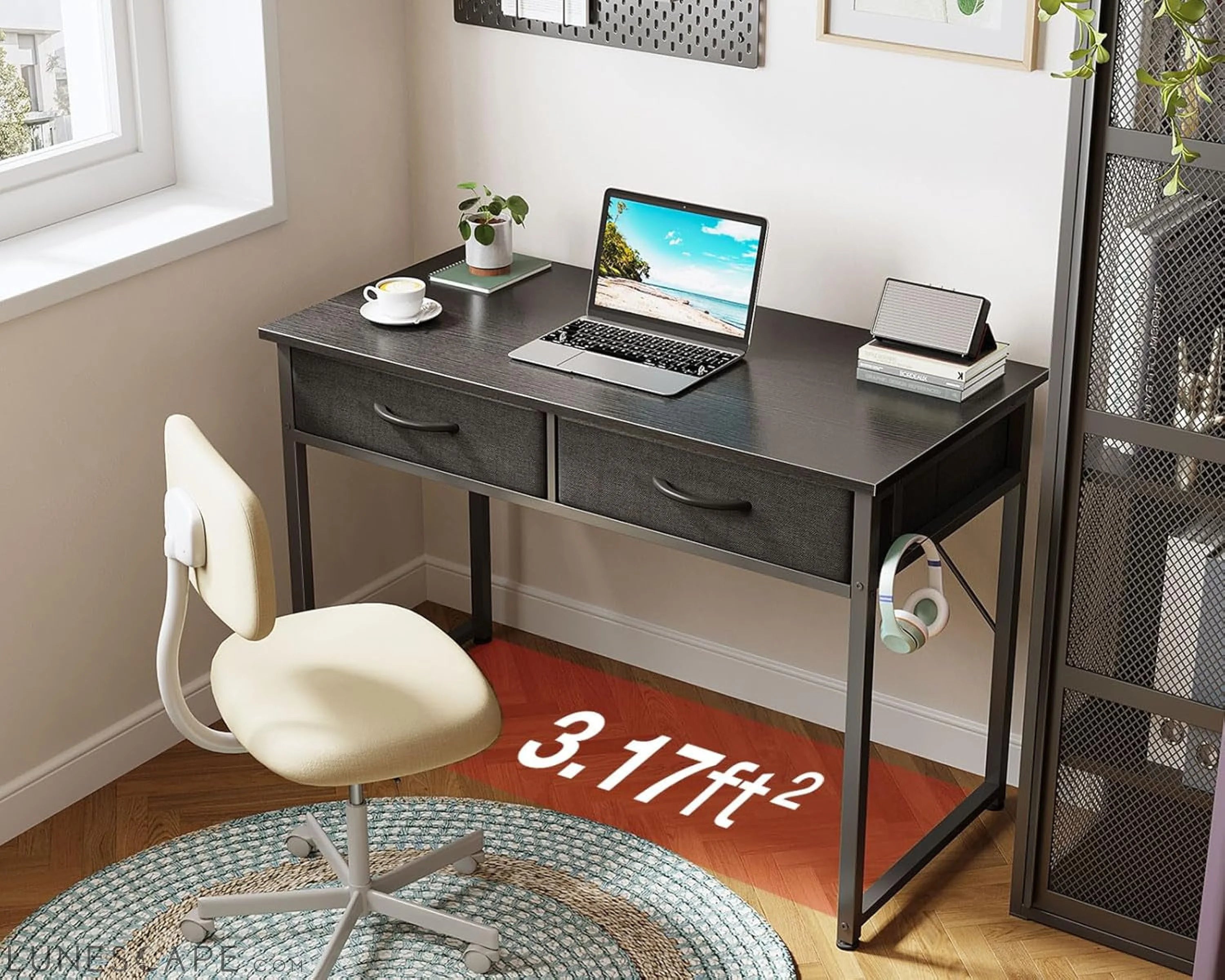 40 Inch Small Desk with Fabric Drawers- for Bedroom, Black Study Desk LUNESCAPE
