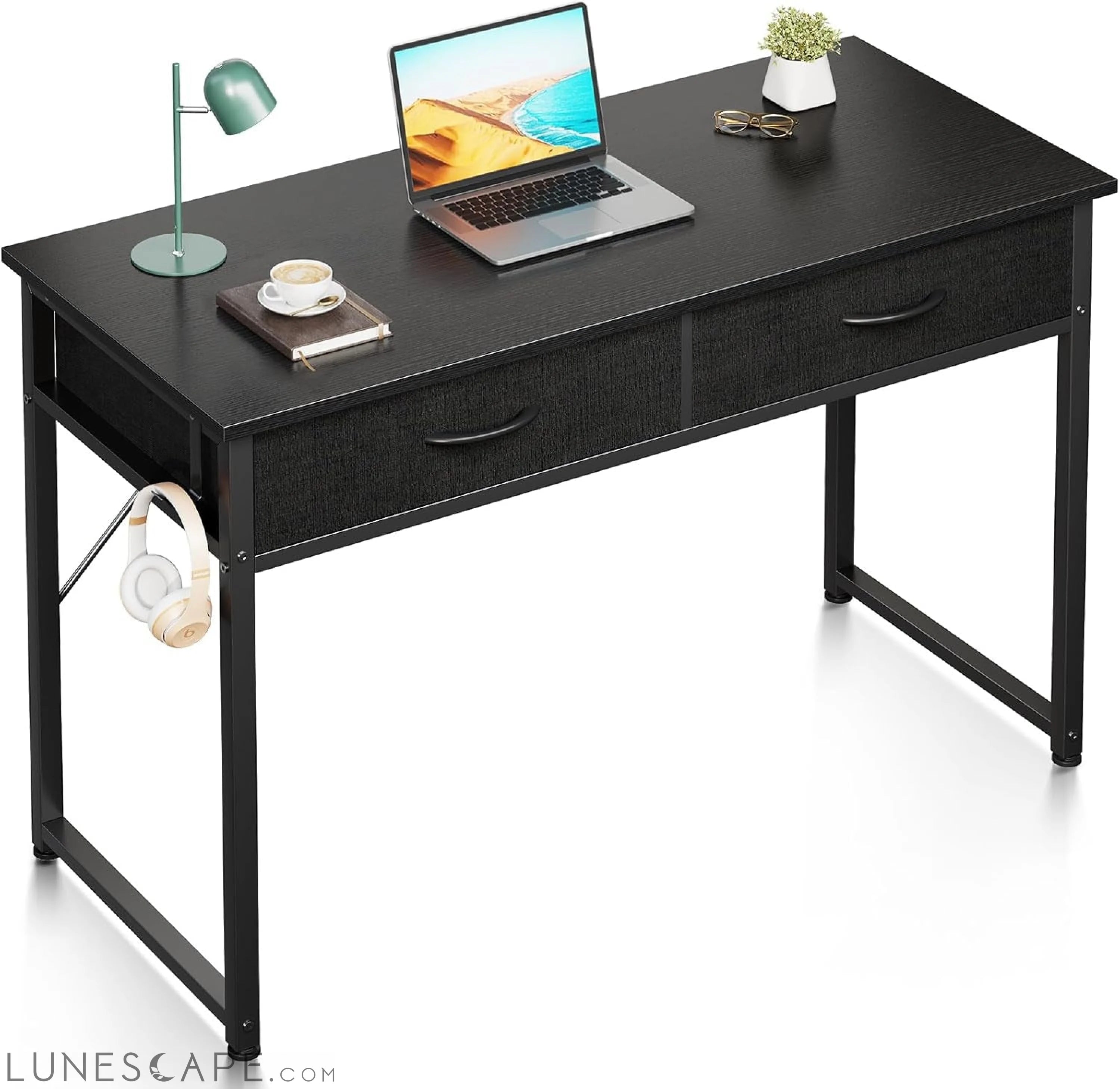 40 Inch Small Desk with Fabric Drawers- for Bedroom, Black Study Desk LUNESCAPE