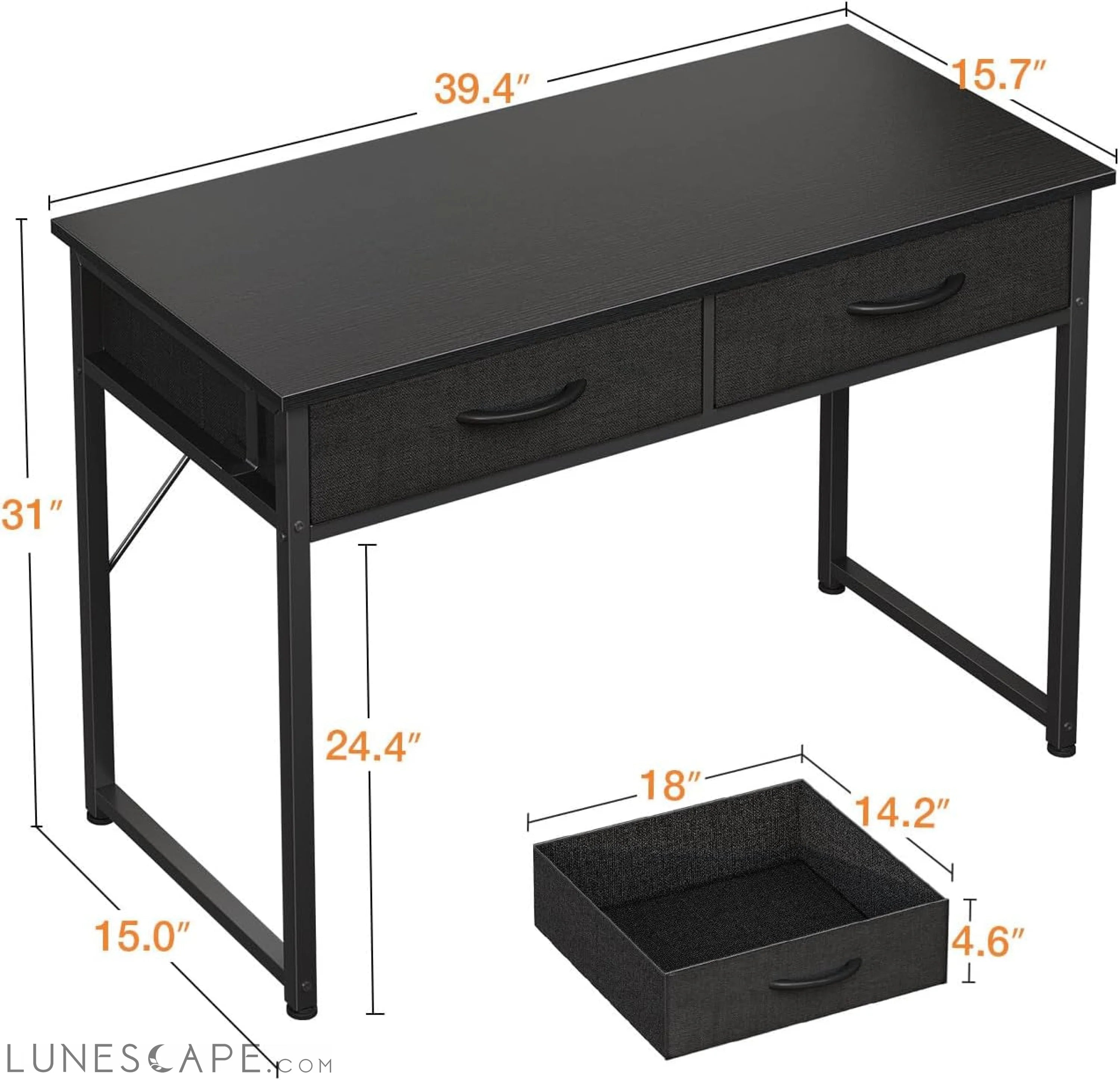 40 Inch Small Desk with Fabric Drawers- for Bedroom, Black Study Desk LUNESCAPE