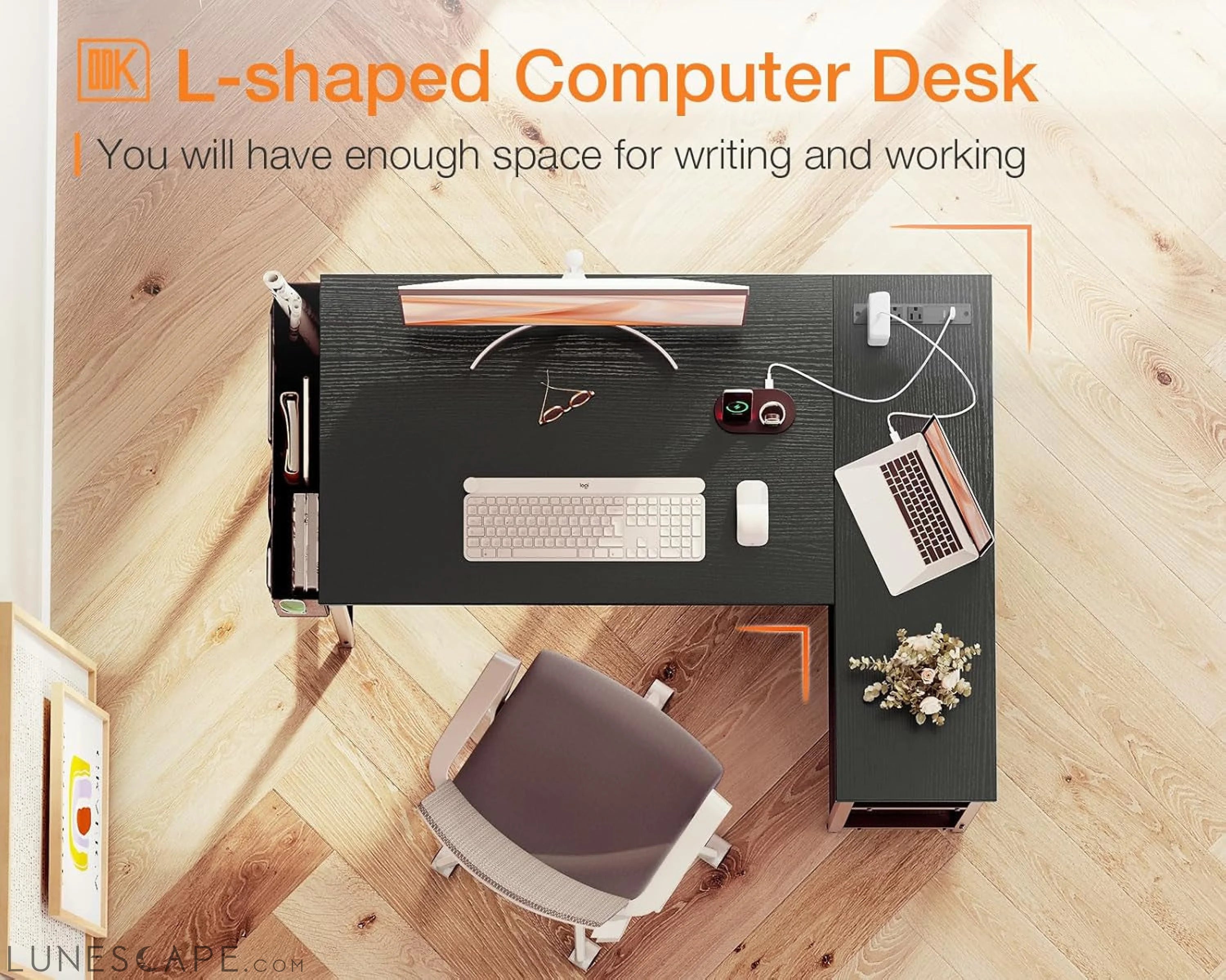 40 Inch Small L Shaped Gaming Computer Desk with Power Outlets, LUNESCAPE