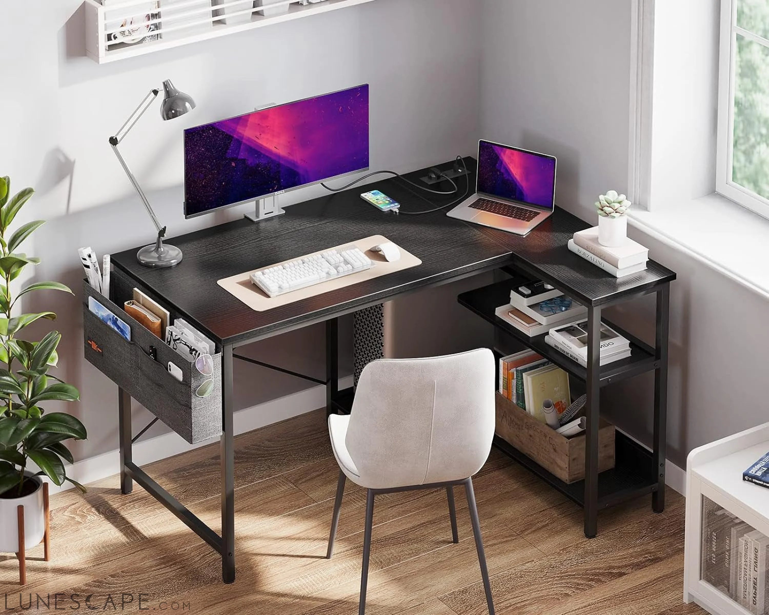 40 Inch Small L Shaped Gaming Computer Desk with Power Outlets, LUNESCAPE