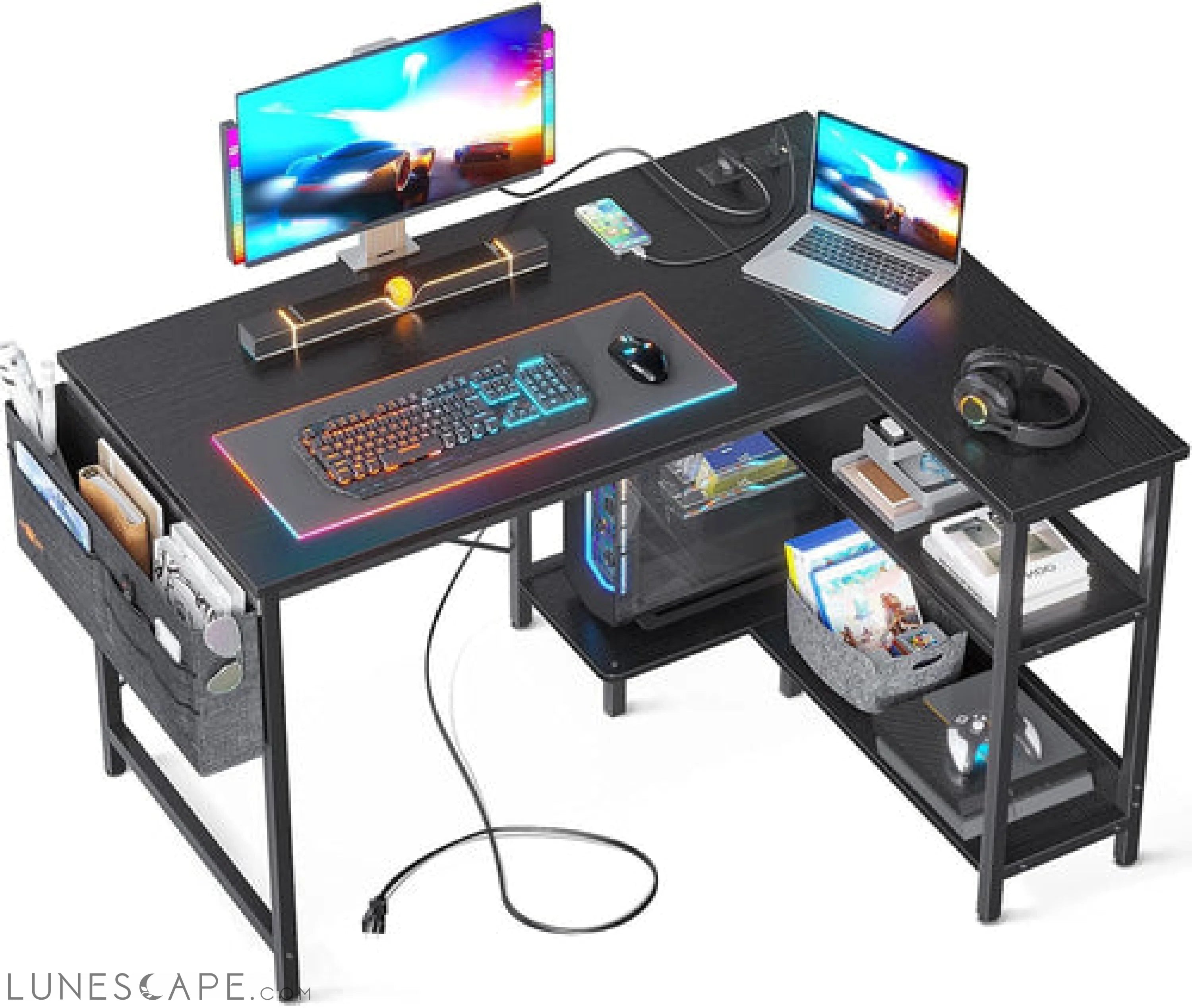40 Inch Small L Shaped Gaming Computer Desk with Power Outlets, LUNESCAPE